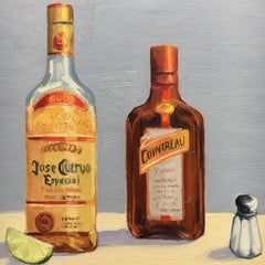 Two Liquor Bottles with Wedge of Lime and Salt Shaker. Title - Best Friends