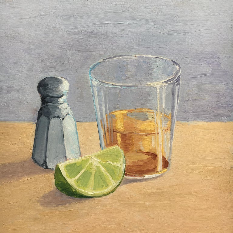 Carl Scorza Still-Life Painting - Still-Life of Shot Glass, Salt and Lime. Title - A Lick, A Shot, A Lime