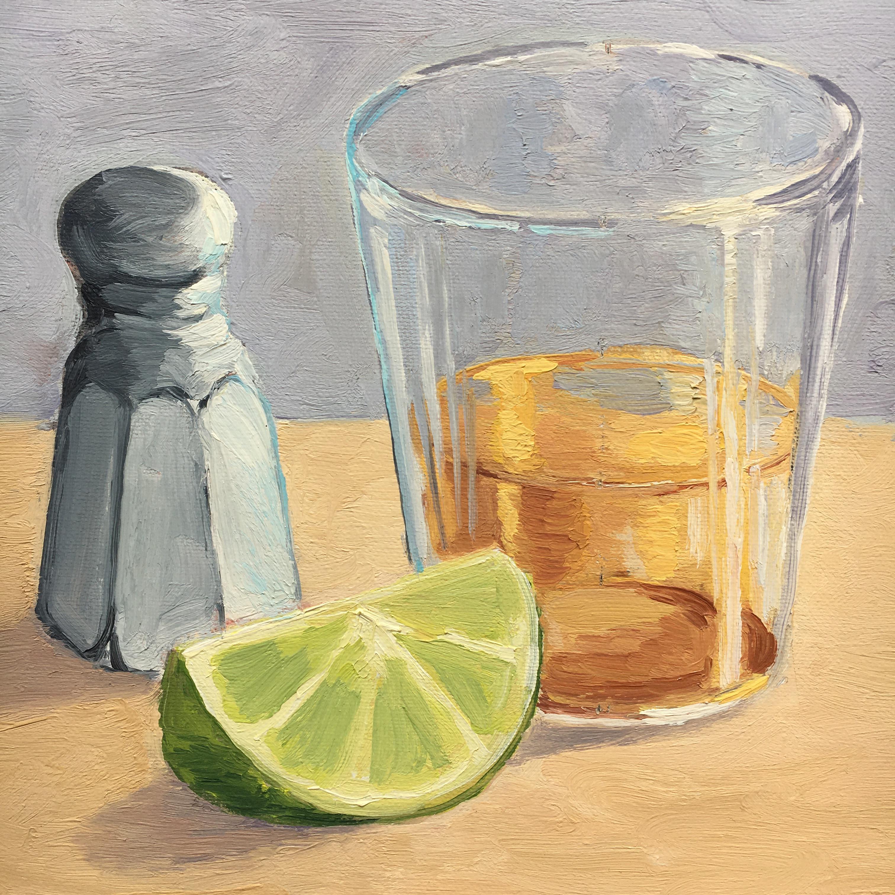 Still-Life of Shot Glass, Salt and Lime. Title - A Lick, A Shot, A Lime - Painting by Carl Scorza