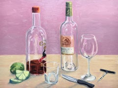 Still-Life of Liquor Bottles, Glasses, and Corkscrew. Title -  Rum and Wine 