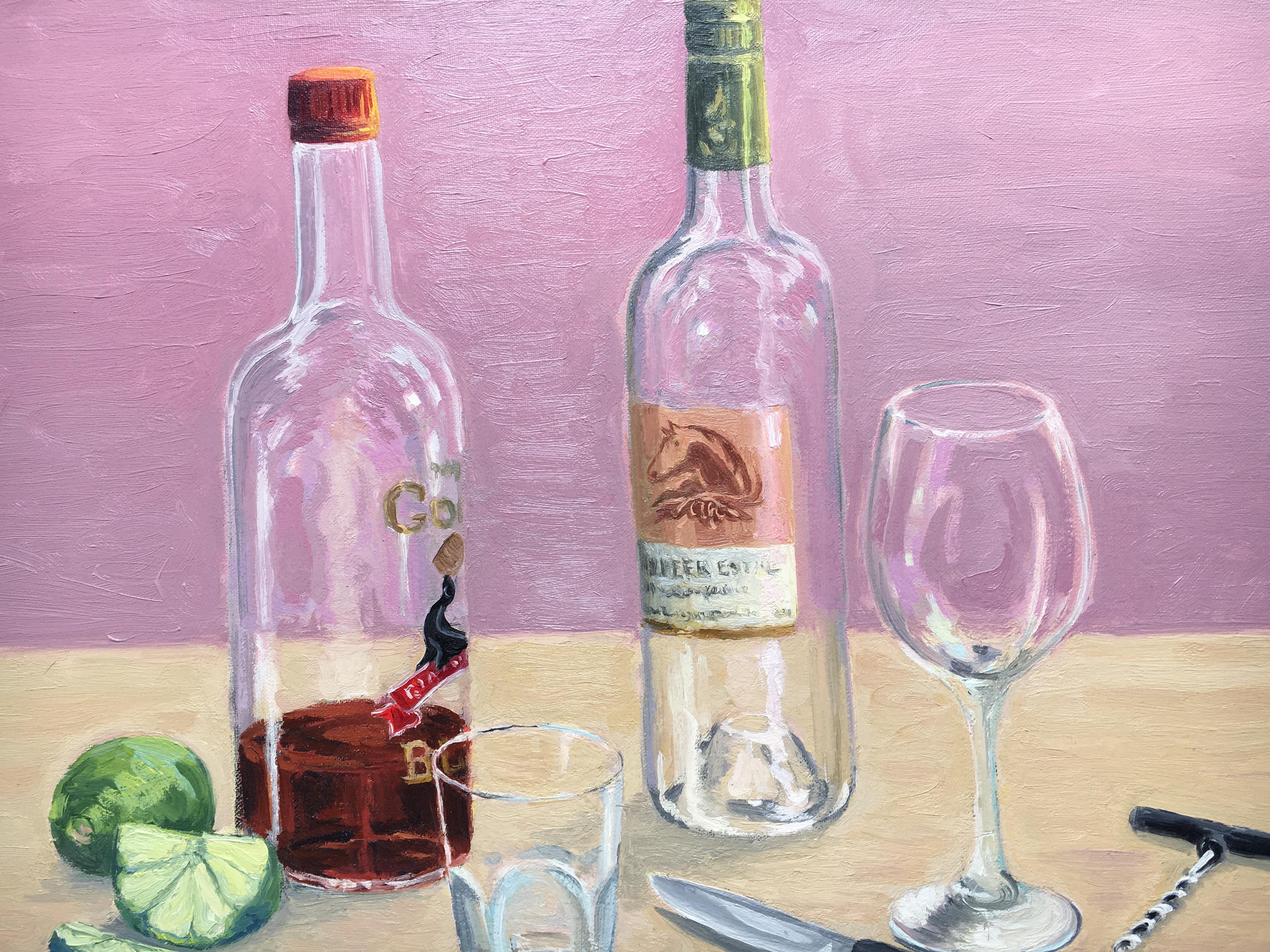 Still-Life of Liquor Bottles, Glasses, and Corkscrew. Title -  Rum and Wine - Painting by Carl Scorza