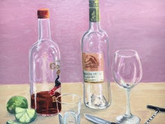 Still-Life of Liquor Bottles, Glasses, and Corkscrew. Title -  Rum and Wine