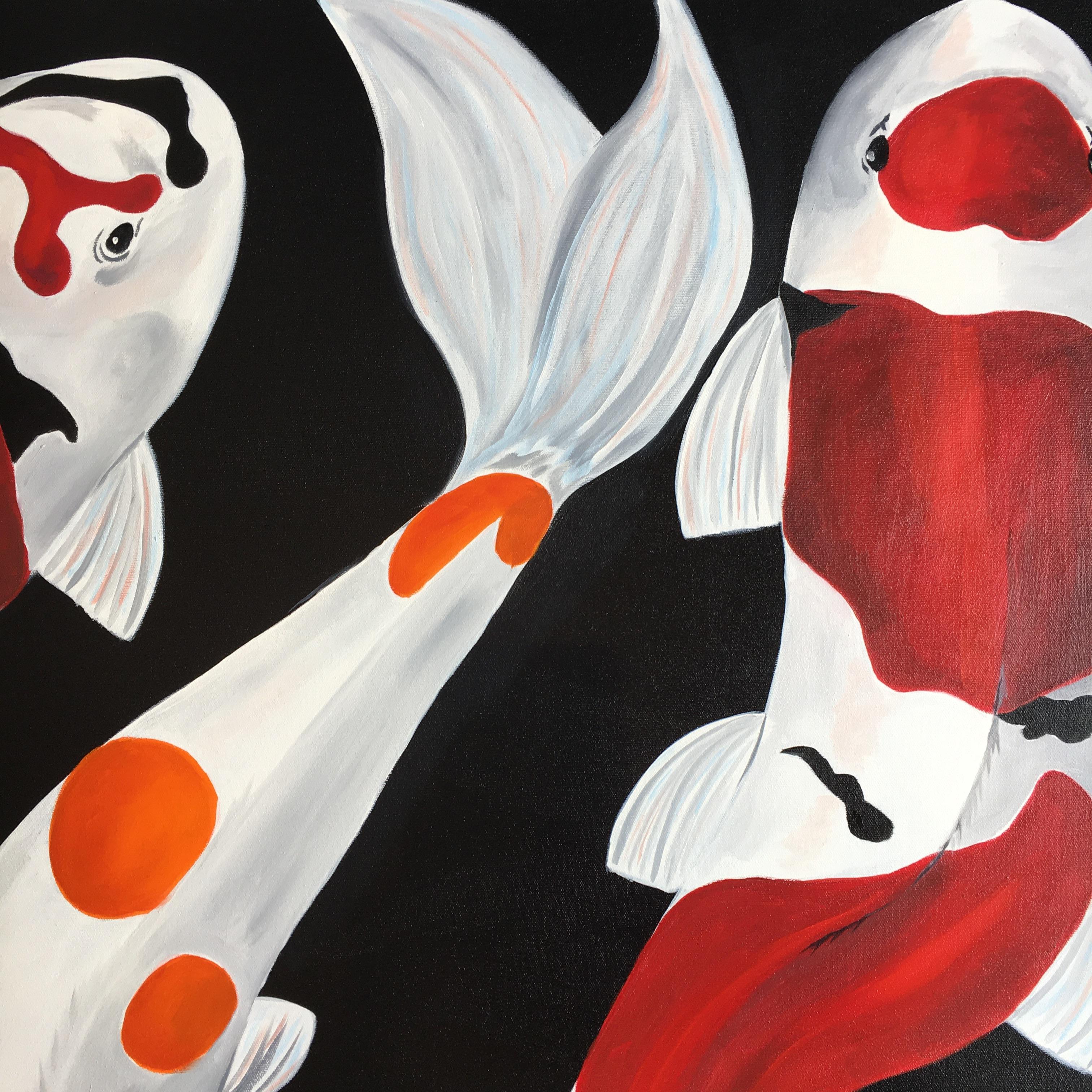 Ornamental, Multi-Colored Fish Painting. Titled - Koi Fish - Black Animal Painting by Ken Miller