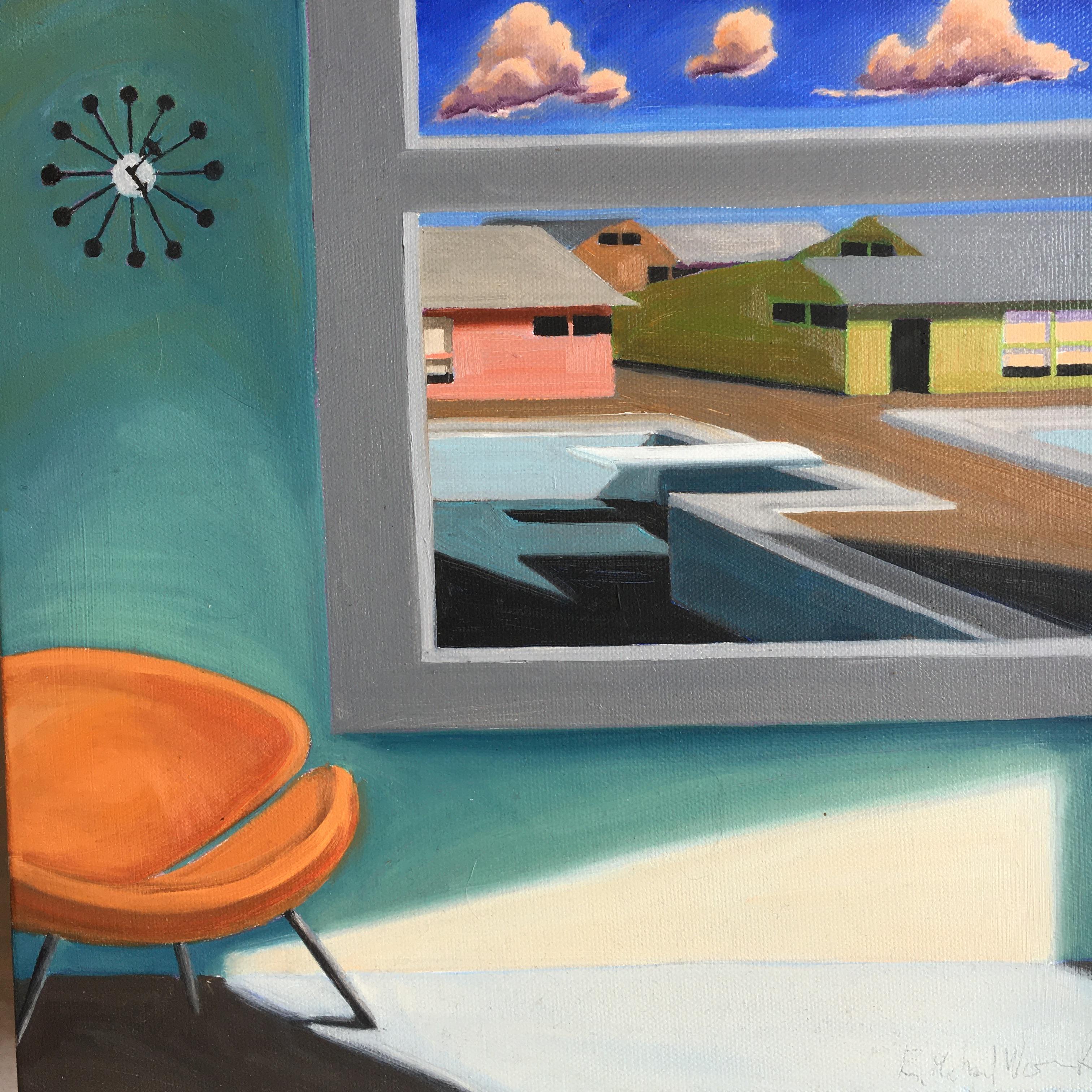 R. Michael Wommack Interior Painting - Painting of Mid-Century Room with View through Window. Title - Day Scene # 11