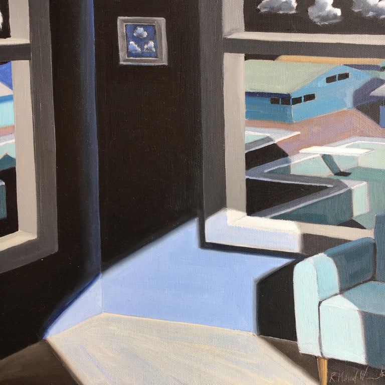 R. Michael Wommack Interior Painting - Mid-Century night scene of room interior and pool. Title -  Small Blue Scene # 2