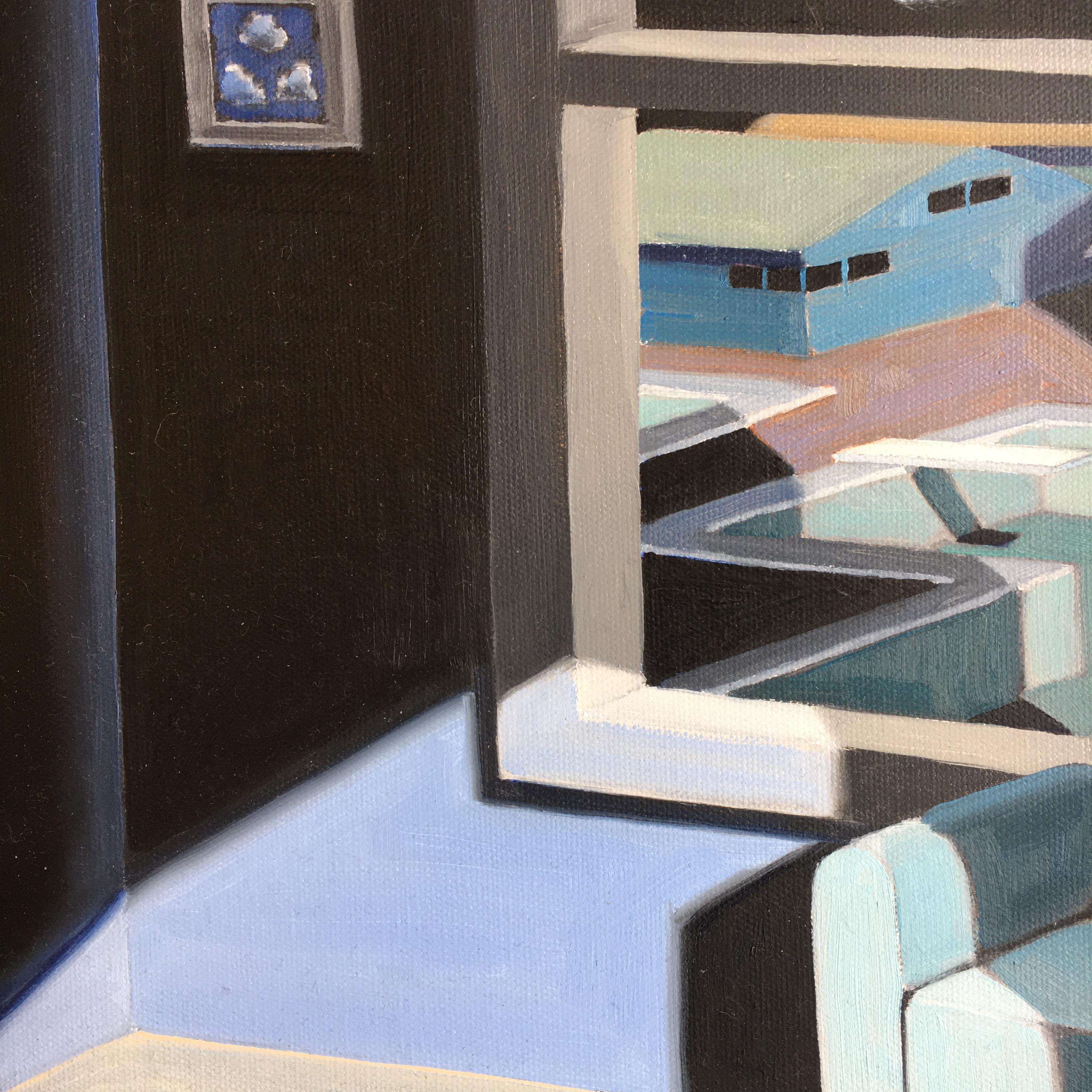 Mid-Century night scene of room interior and pool. Title -  Small Blue Scene # 2 - Painting by R. Michael Wommack