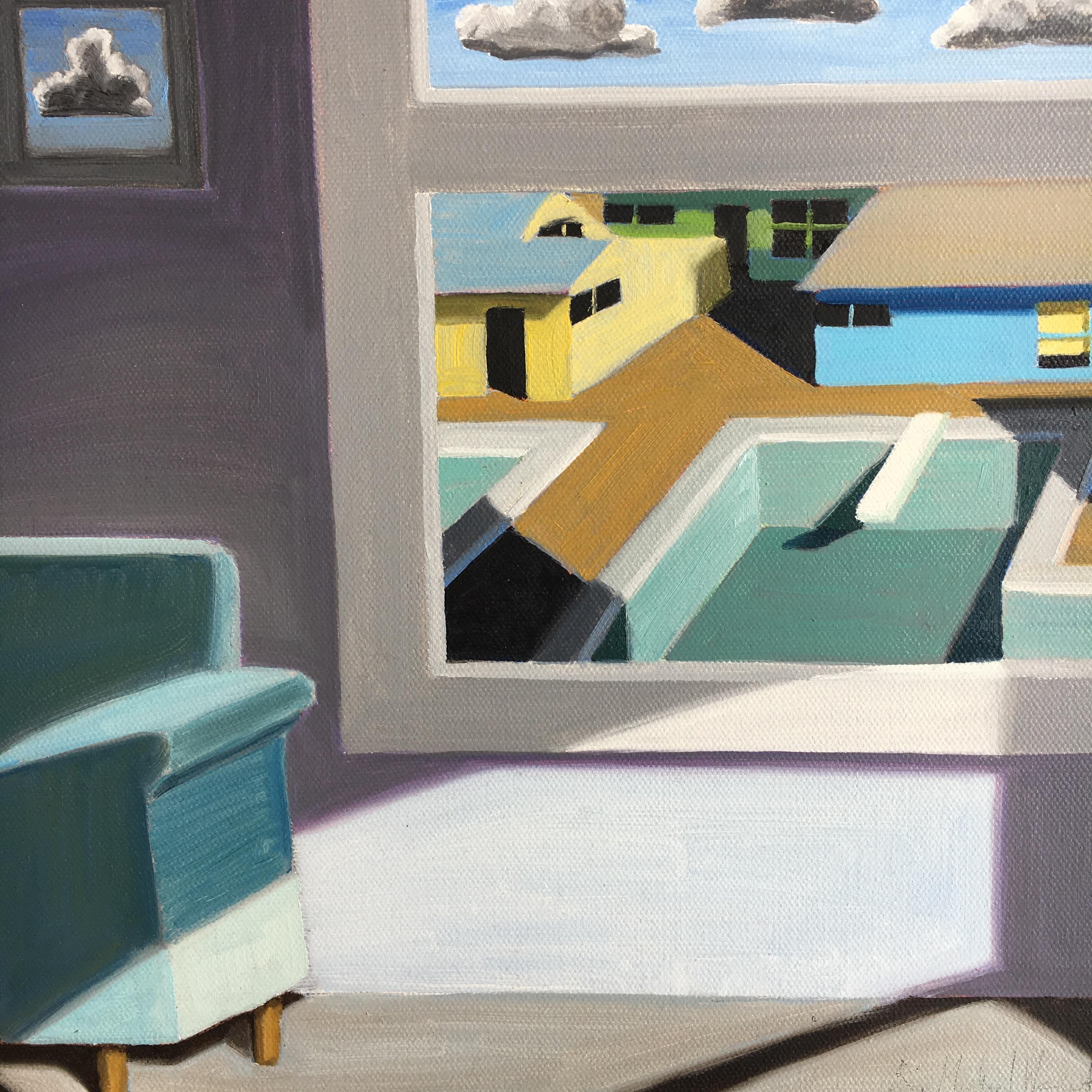 R. Michael Wommack Interior Painting - Painting of Mid-Century Room with View of Pool. Title - Day # 10