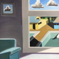 Painting of Mid-Century Room with View of Pool. Title - Day # 10
