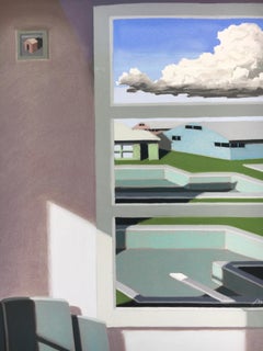 Pastel of Mid-Century Room with View of Pool. Title - Drawn Towards the Light