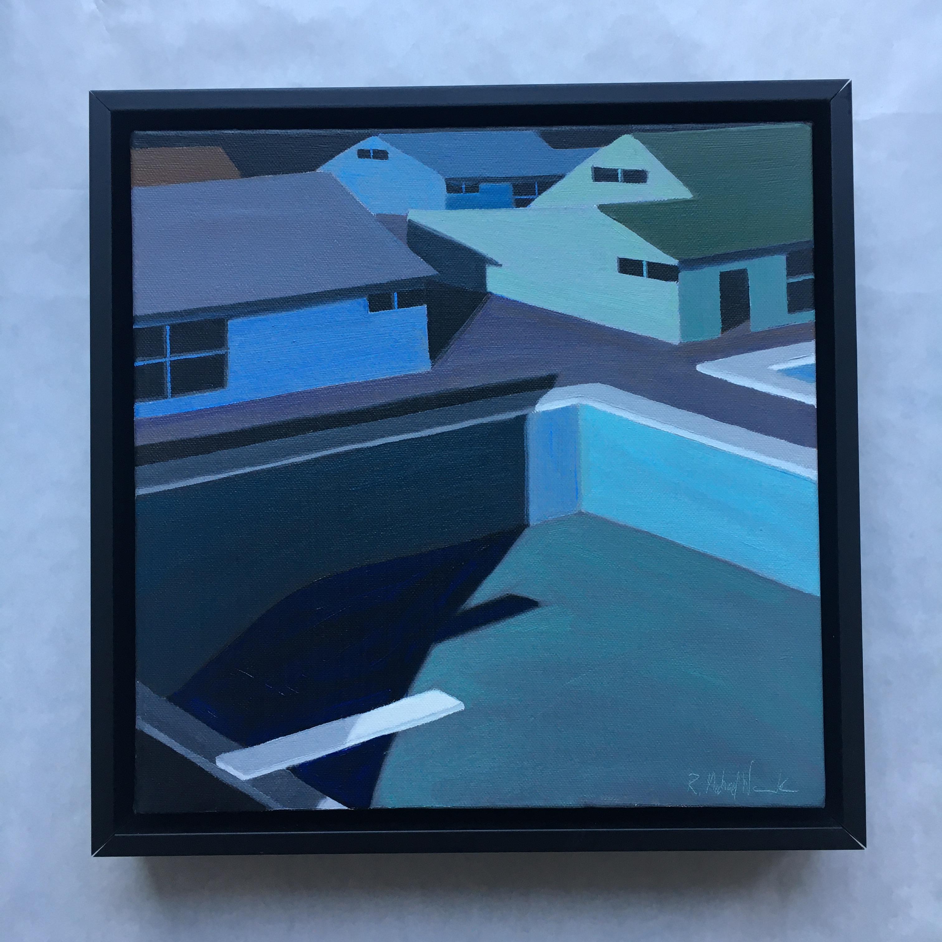 Mid-Century Night Scene of Pool and Houses. Title - Small Blue Painting # 1 For Sale 1