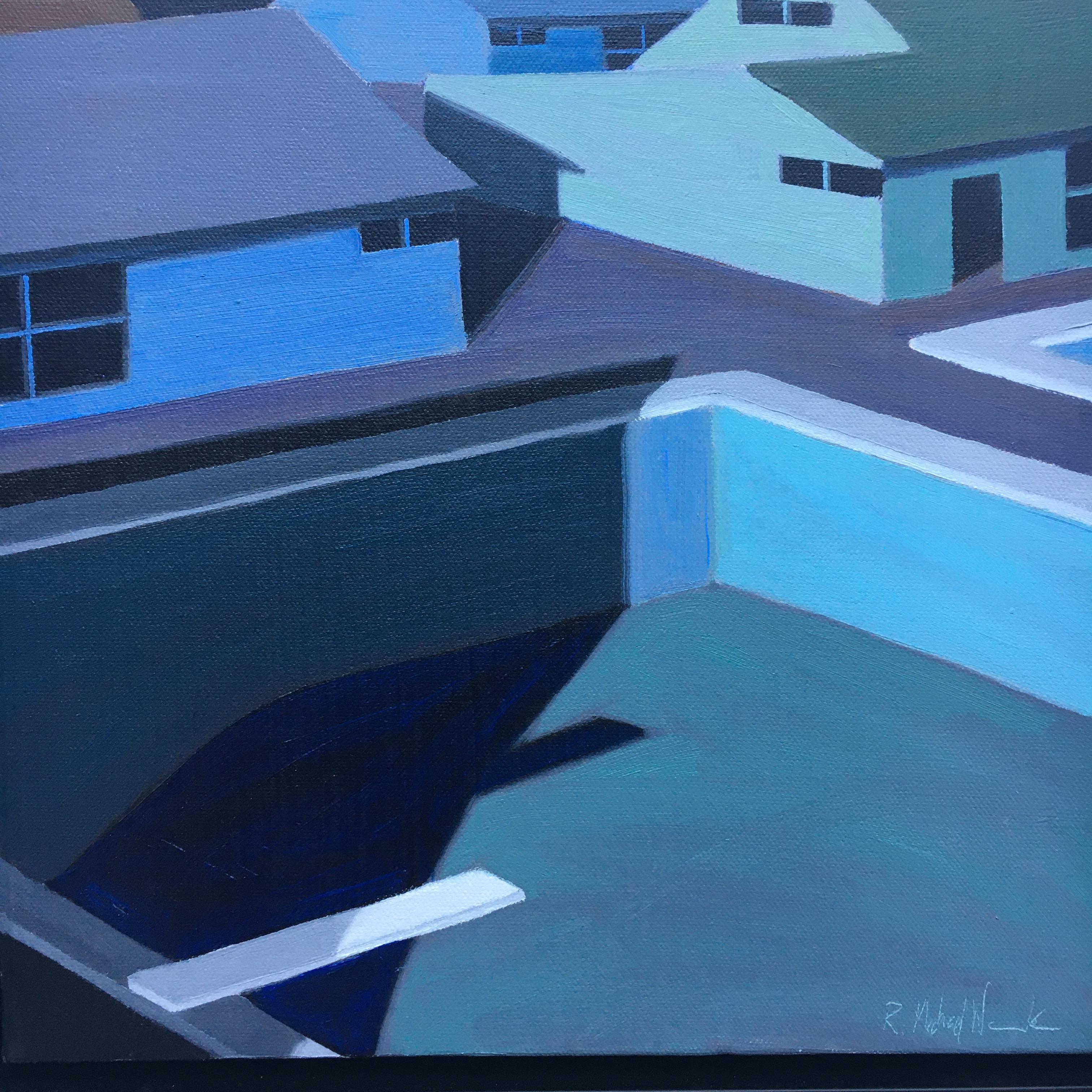 R. Michael Wommack Landscape Painting - Mid-Century Night Scene of Pool and Houses. Title - Small Blue Painting # 1