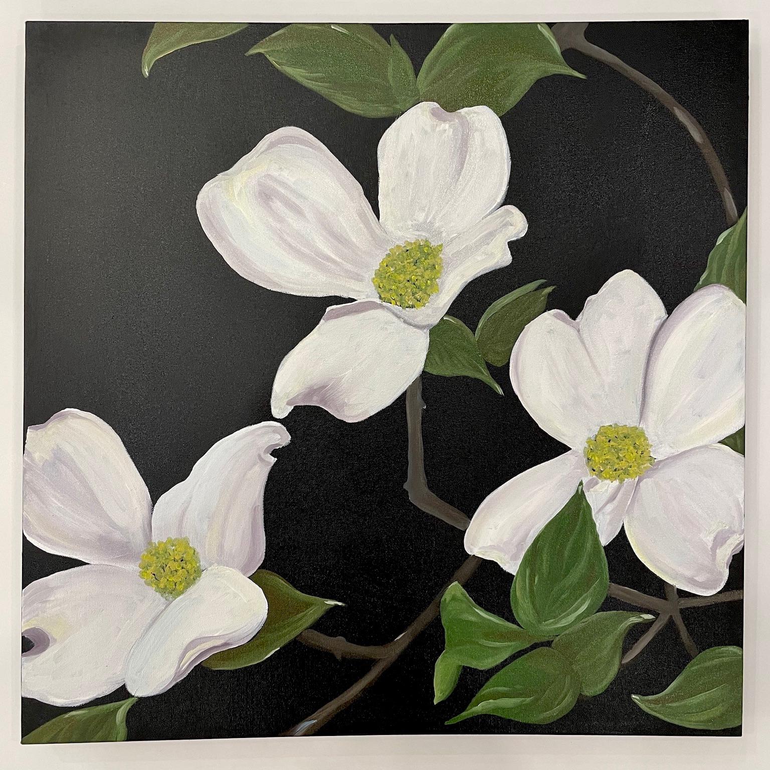 White Flowers and Green Leaves against a Black Background. Title - Wild Dogwood - Painting by Ken Miller