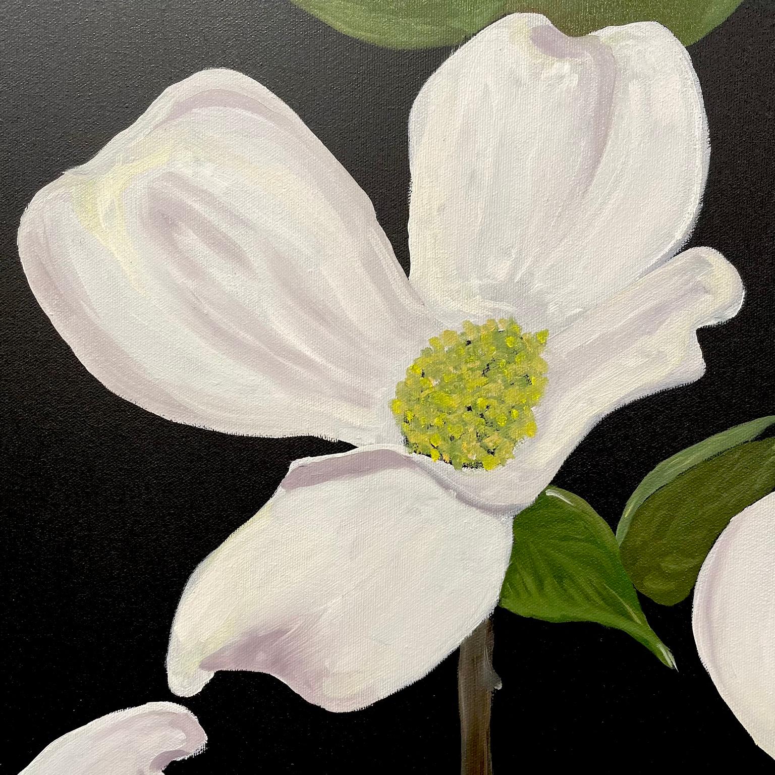 White Flowers and Green Leaves against a Black Background. Title - Wild Dogwood - American Realist Painting by Ken Miller