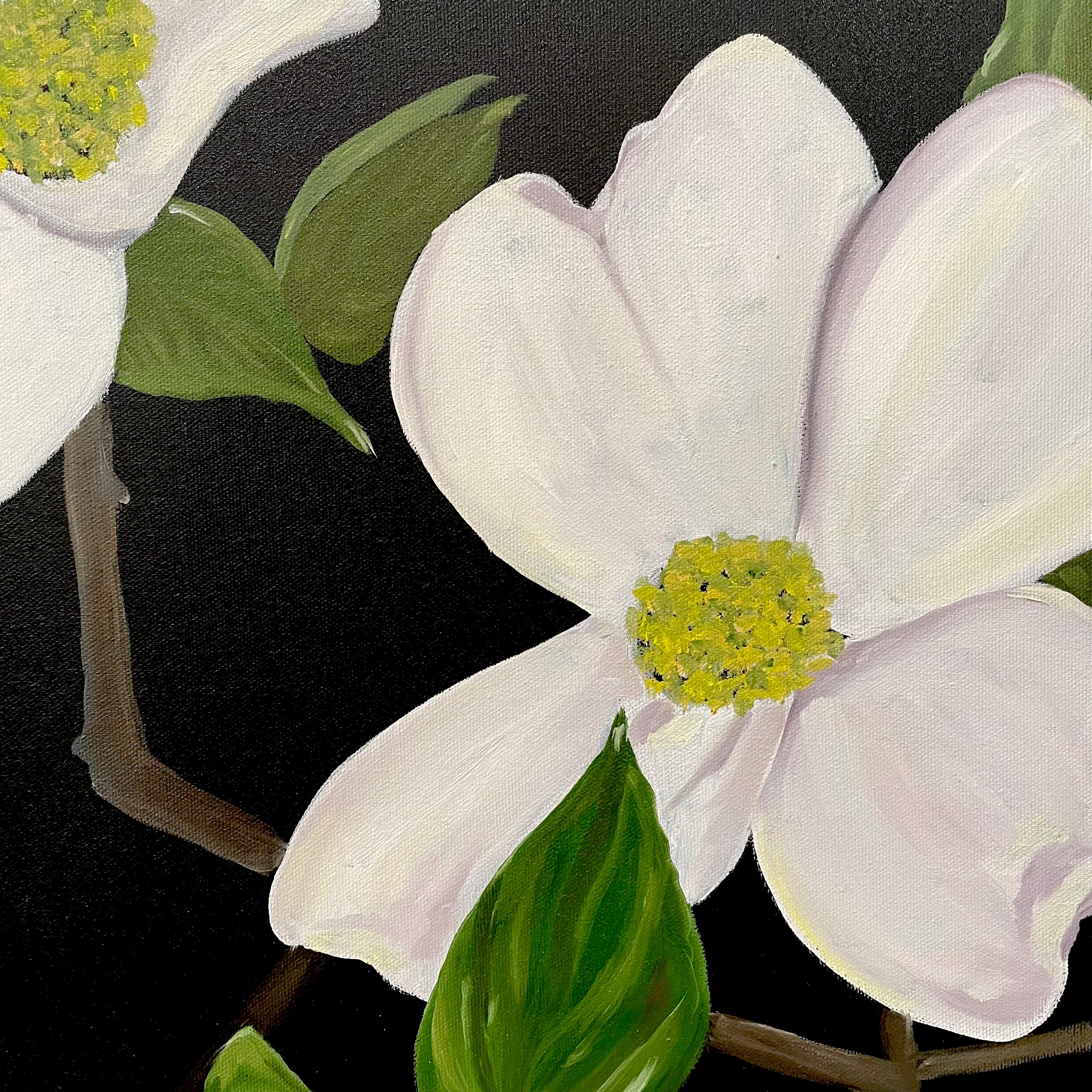 White Flowers and Green Leaves against a Black Background. Title - Wild Dogwood - Beige Still-Life Painting by Ken Miller