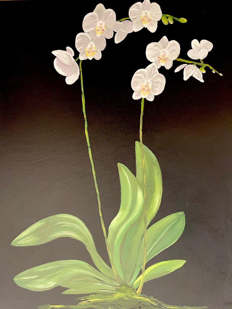 White Petals Standing on Tall Stems over Green Leaves. Title - Orchids - American Realist Painting by Ken Miller