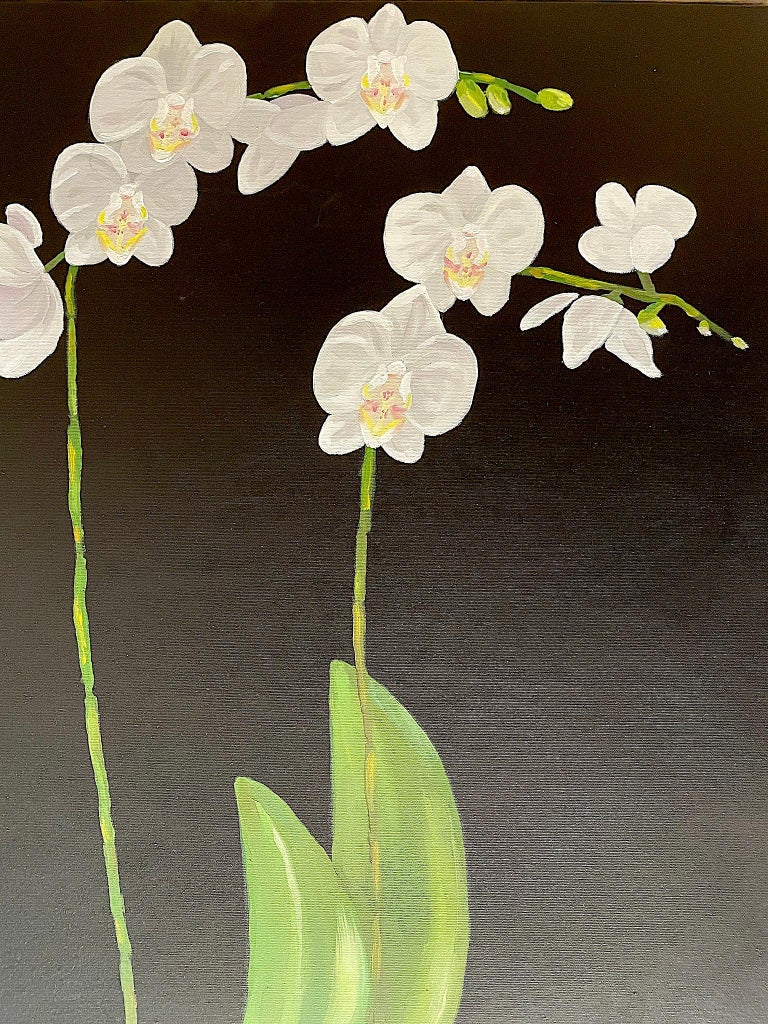 White Petals Standing on Tall Stems over Green Leaves. Title - Orchids - Black Still-Life Painting by Ken Miller