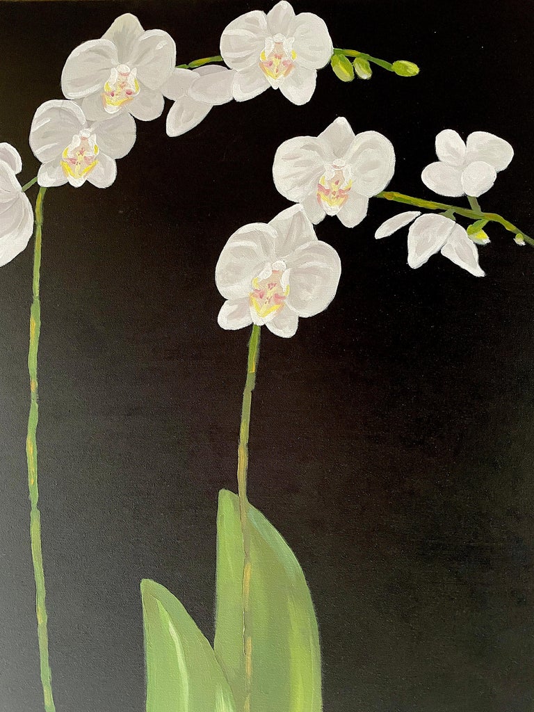 Ken Miller Still-Life Painting - White Petals Standing on Tall Stems over Green Leaves. Title - Orchids