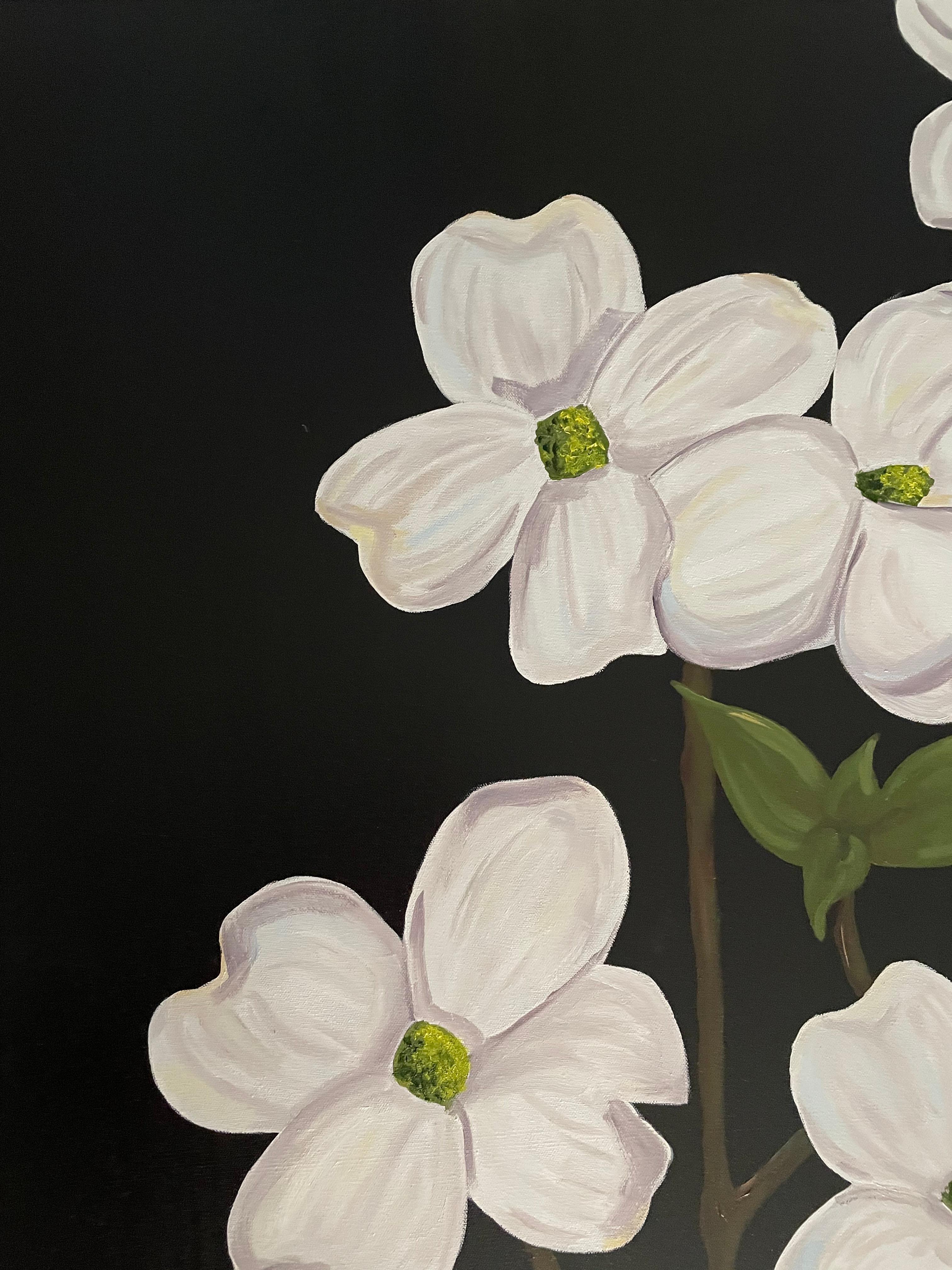 Jubilant White Flowers with Verdant Leaves on Branches. Title - Wild Dogwood - Black Still-Life Painting by Ken Miller