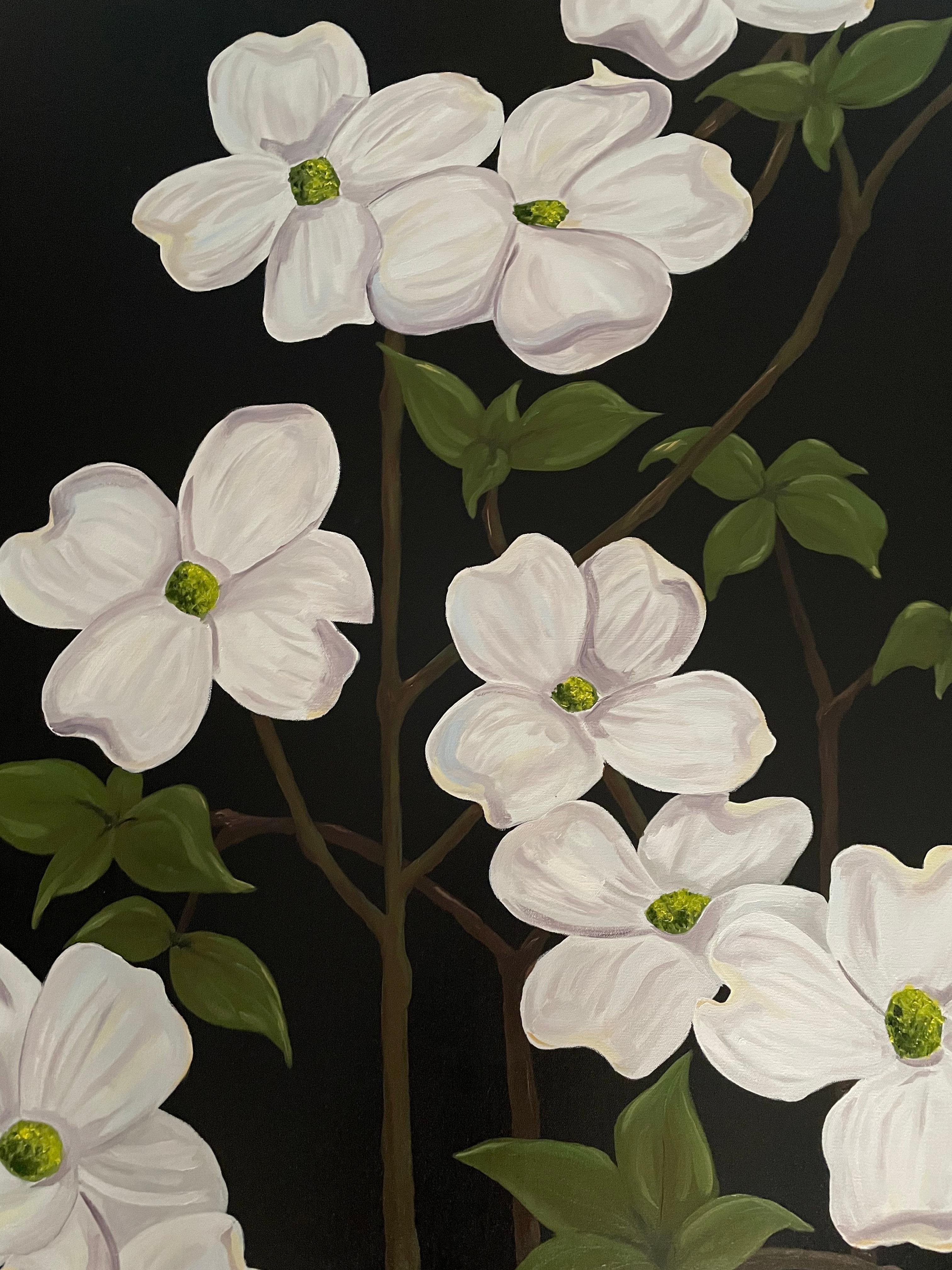 Jubilant White Flowers with Verdant Leaves on Branches. Title - Wild Dogwood - American Realist Painting by Ken Miller