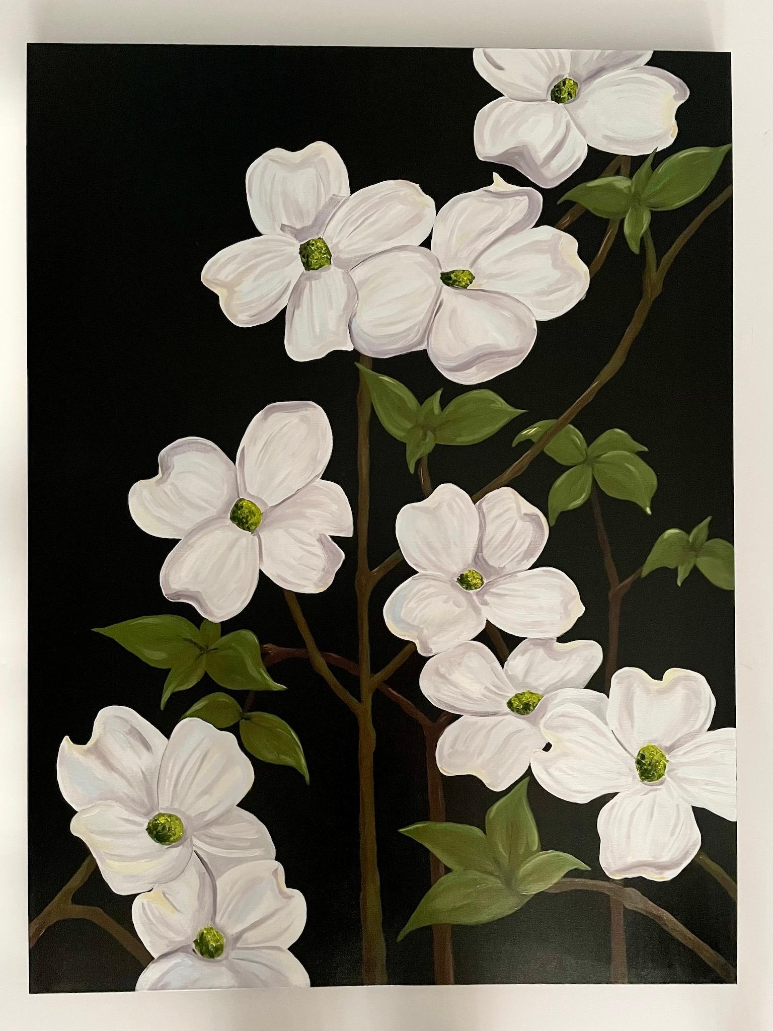 Jubilant White Flowers with Verdant Leaves on Branches. Title - Wild Dogwood - Painting by Ken Miller