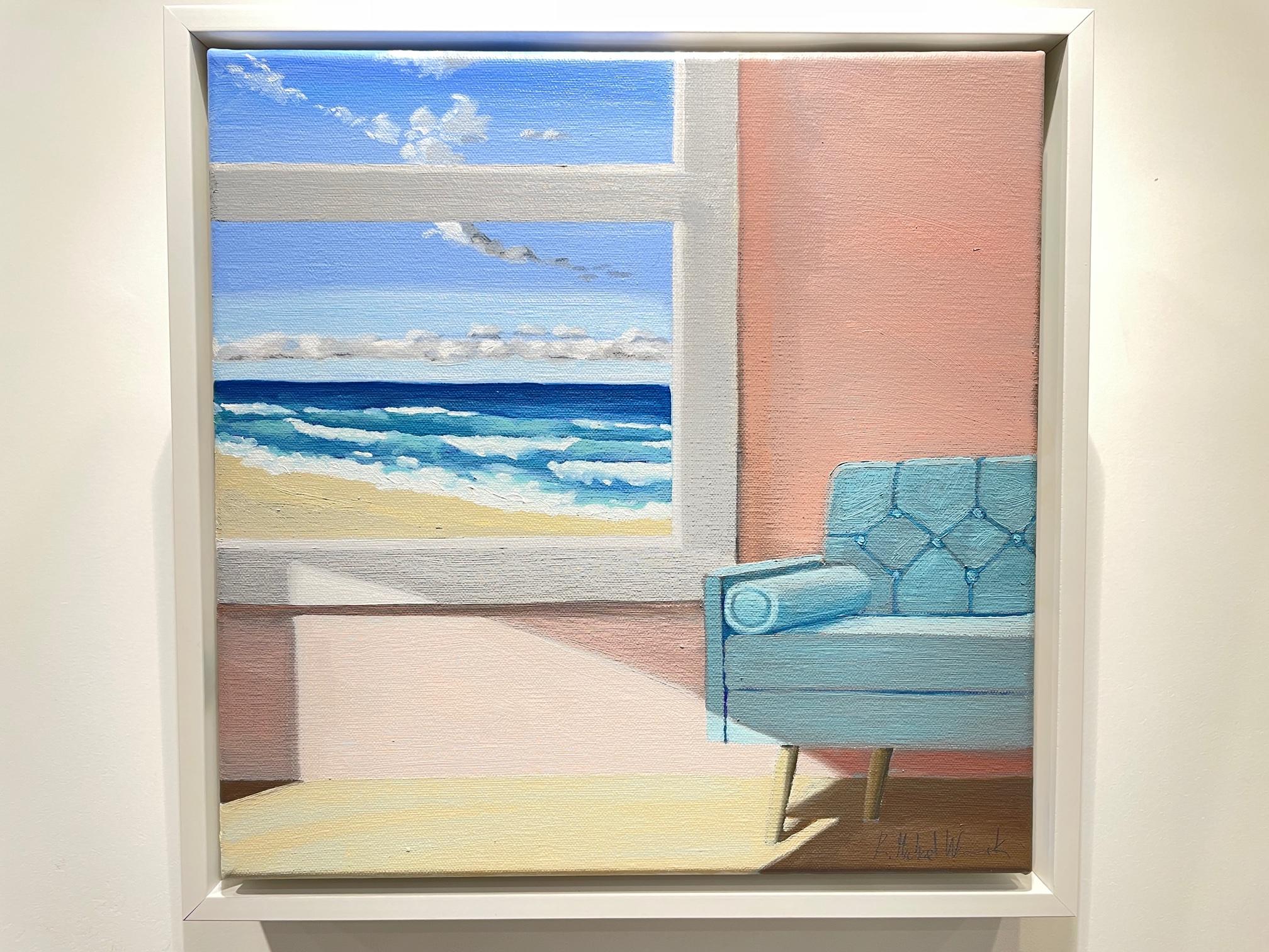 Beach House with Sand and Ocean Waves out the Window. Title - Perfect Day # 3 - American Modern Painting by R. Michael Wommack