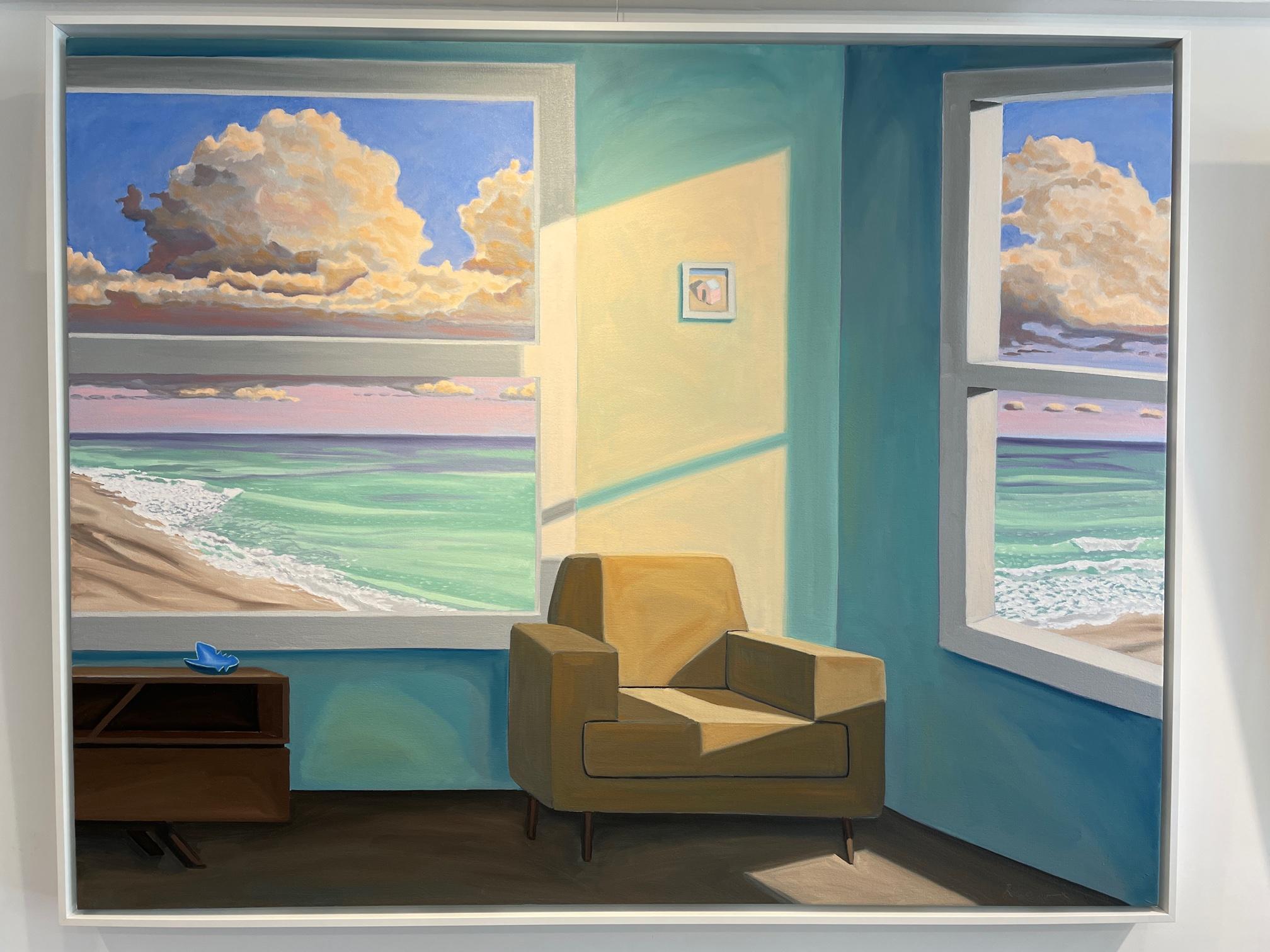 Beach House with Sand and Ocean Views at Sunrise. Title - Another Perfect Day - Gray Interior Painting by R. Michael Wommack