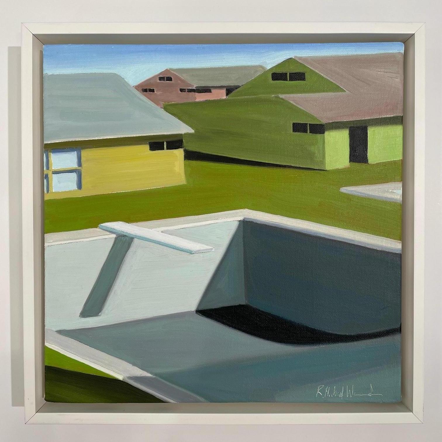 R. Michael Wommack is known for his signature style of painting. His subject matter often shows Mid-Century room interiors with garden pools visible through the windows. Recently his works include beach houses and ocean scenes. The frame size of the