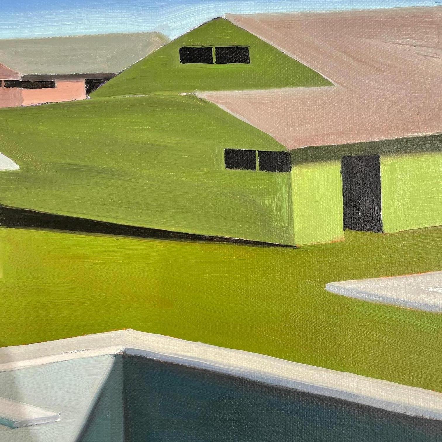 Mid-century houses with garden pools. Title - Day # 7 - Painting by R. Michael Wommack