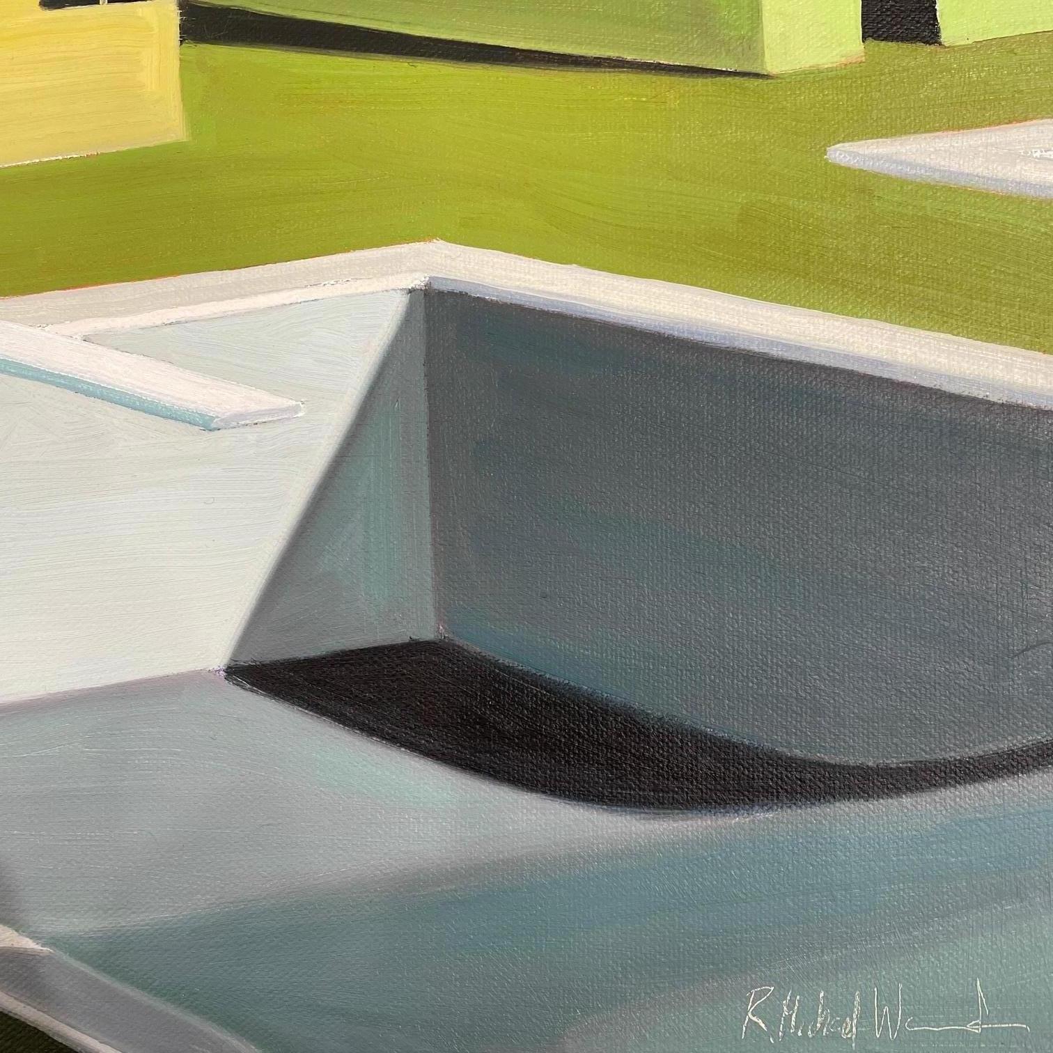 Mid-century houses with garden pools. Title - Day # 7 - Gray Interior Painting by R. Michael Wommack