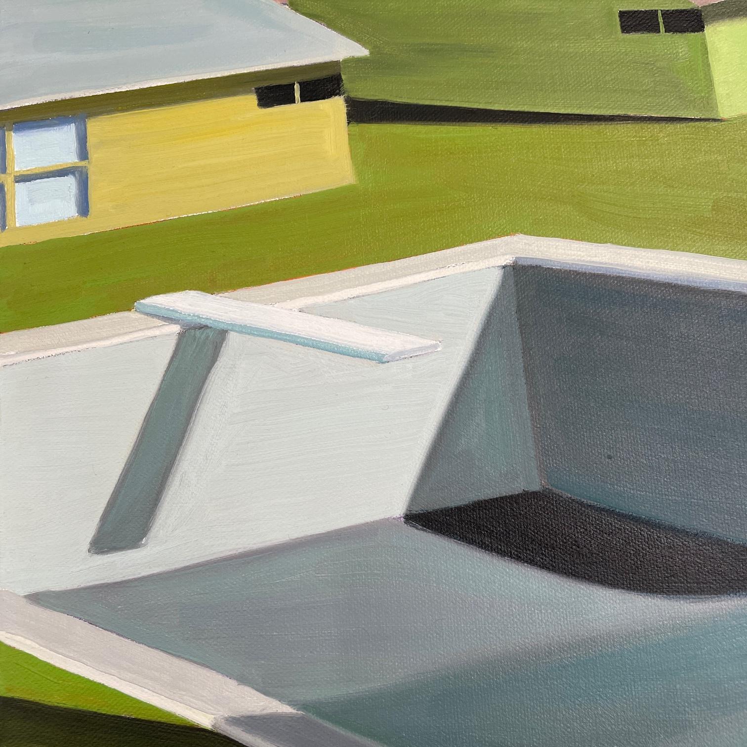 Mid-century houses with garden pools. Title - Day # 7 - American Modern Painting by R. Michael Wommack