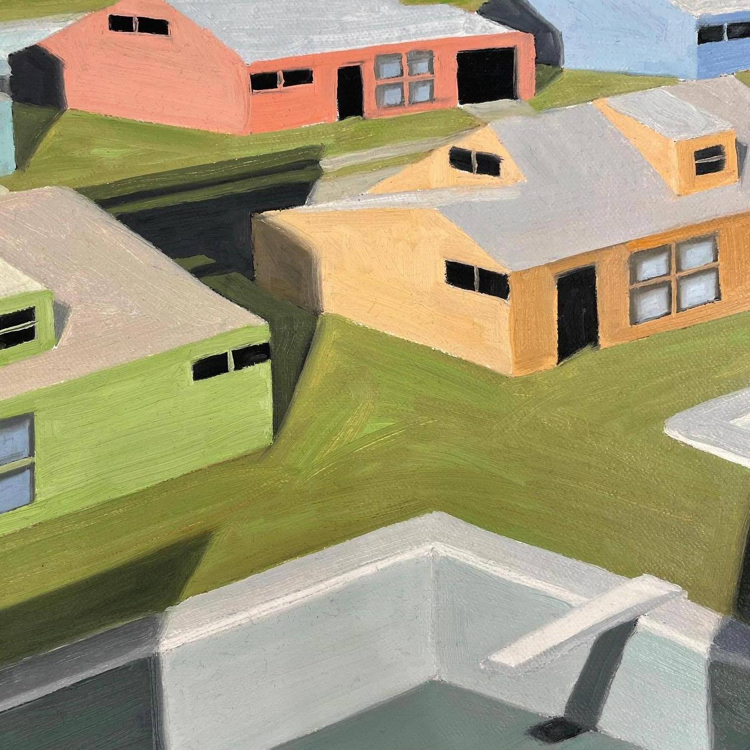 Mid-century houses with garden pools. Title - Day # 5 - Painting by R. Michael Wommack