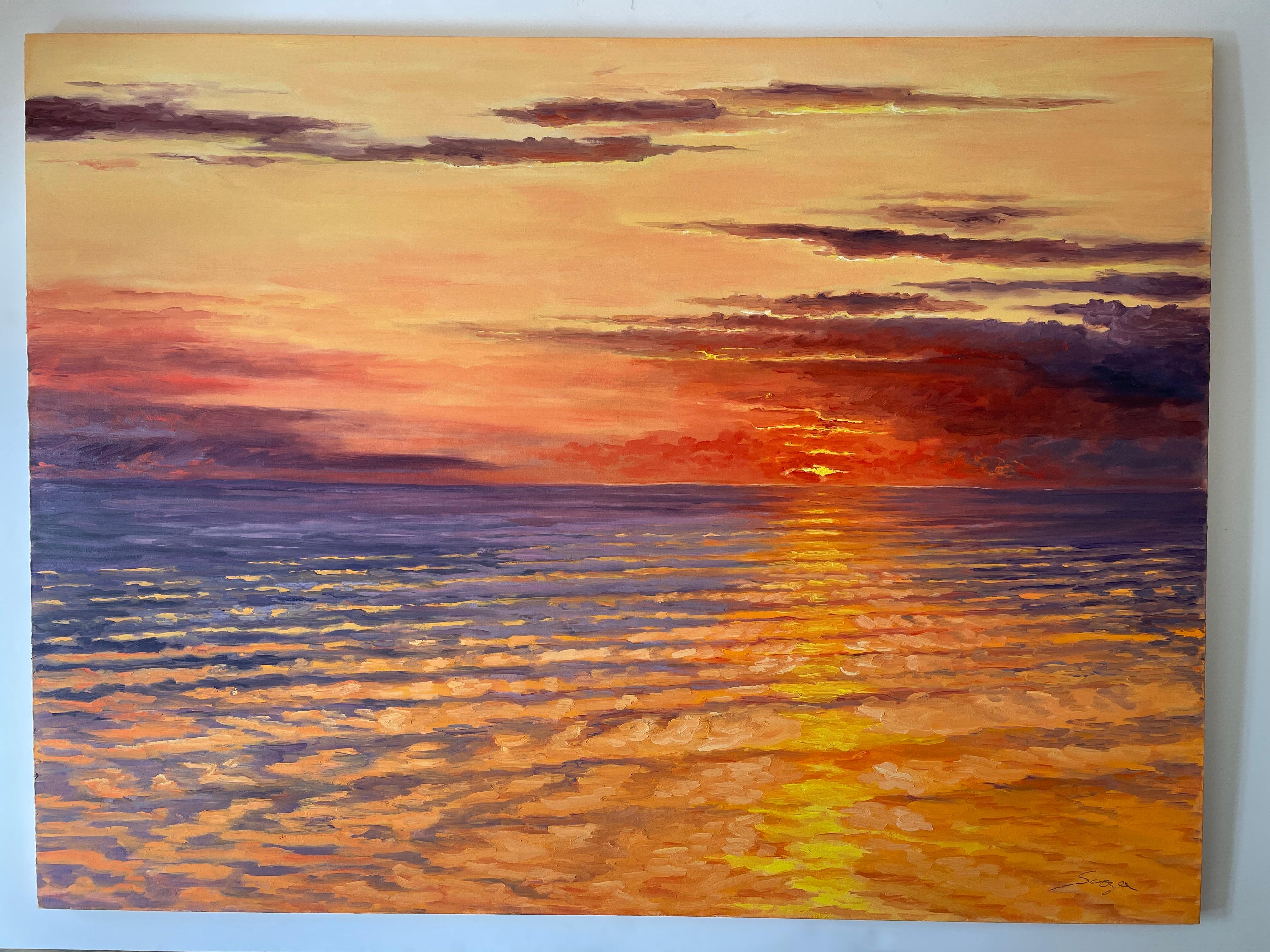 Dusk as the setting sun turns ocean and sky on fire. Title - Sunset  - Brown Landscape Painting by Carl Scorza