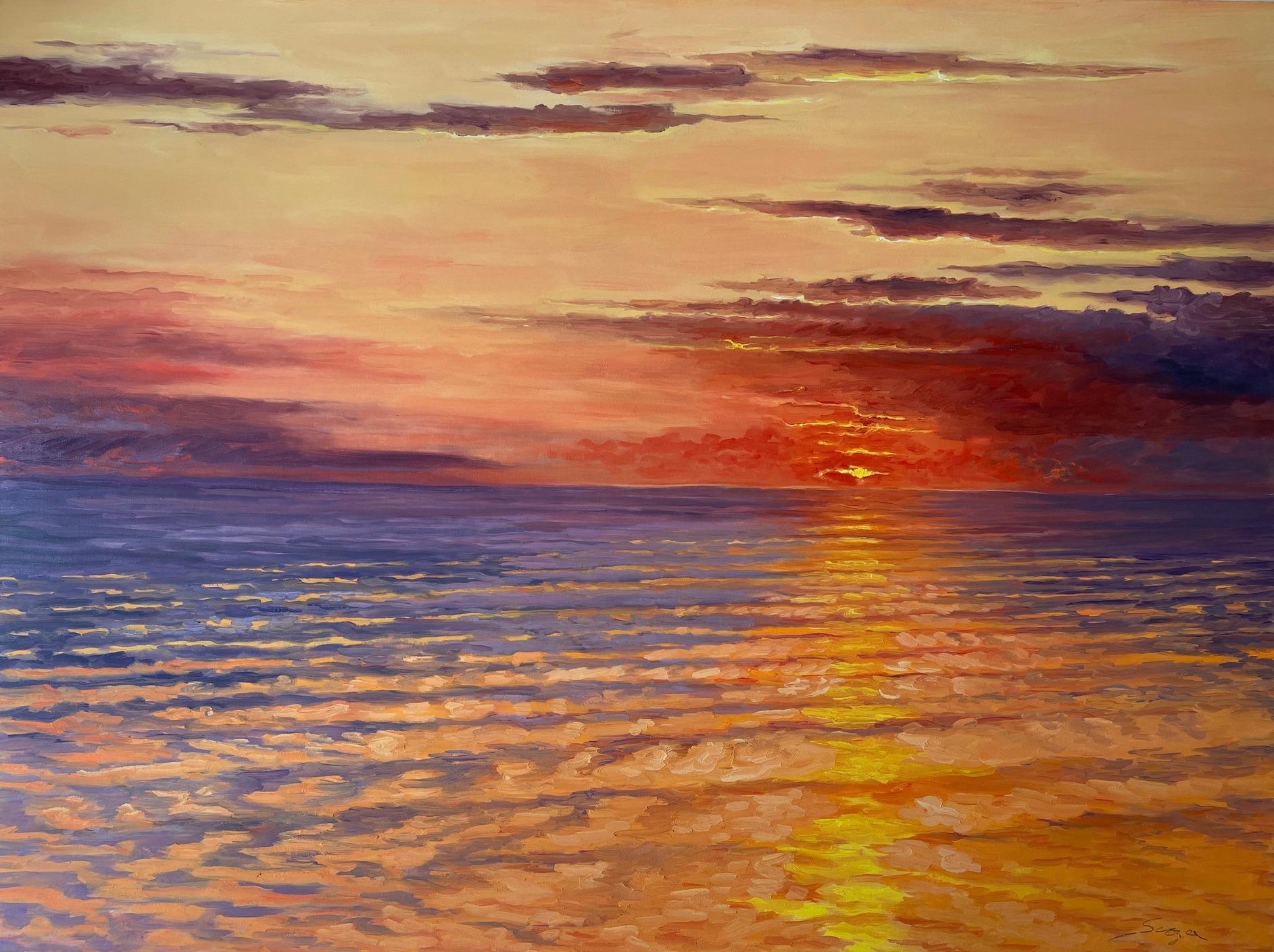 Carl Scorza Landscape Painting - Dusk as the setting sun turns ocean and sky on fire. Title - Sunset 