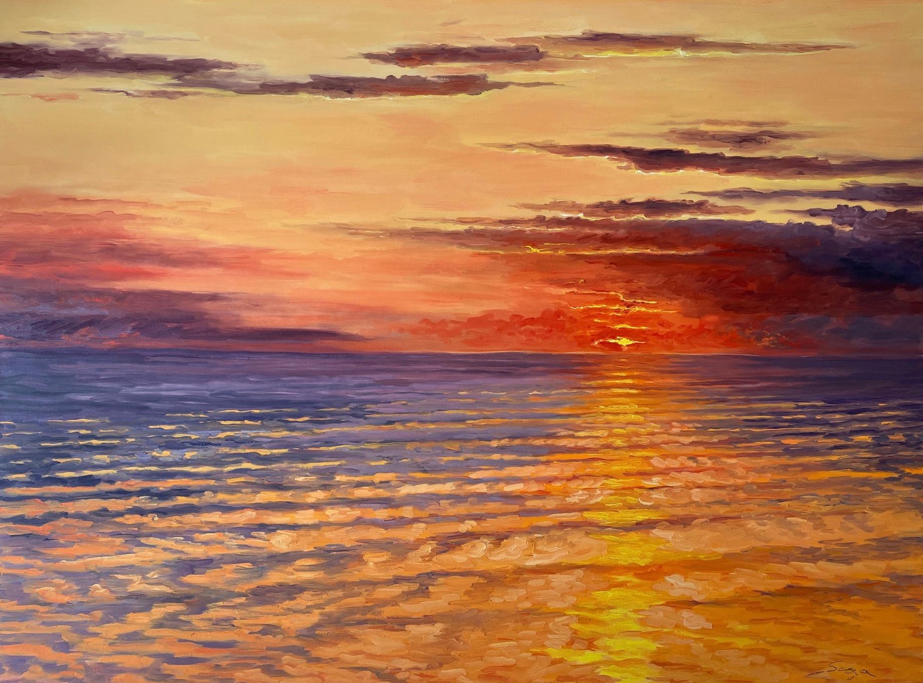 Dusk as the setting sun turns ocean and sky on fire. Title - Sunset  - Painting by Carl Scorza