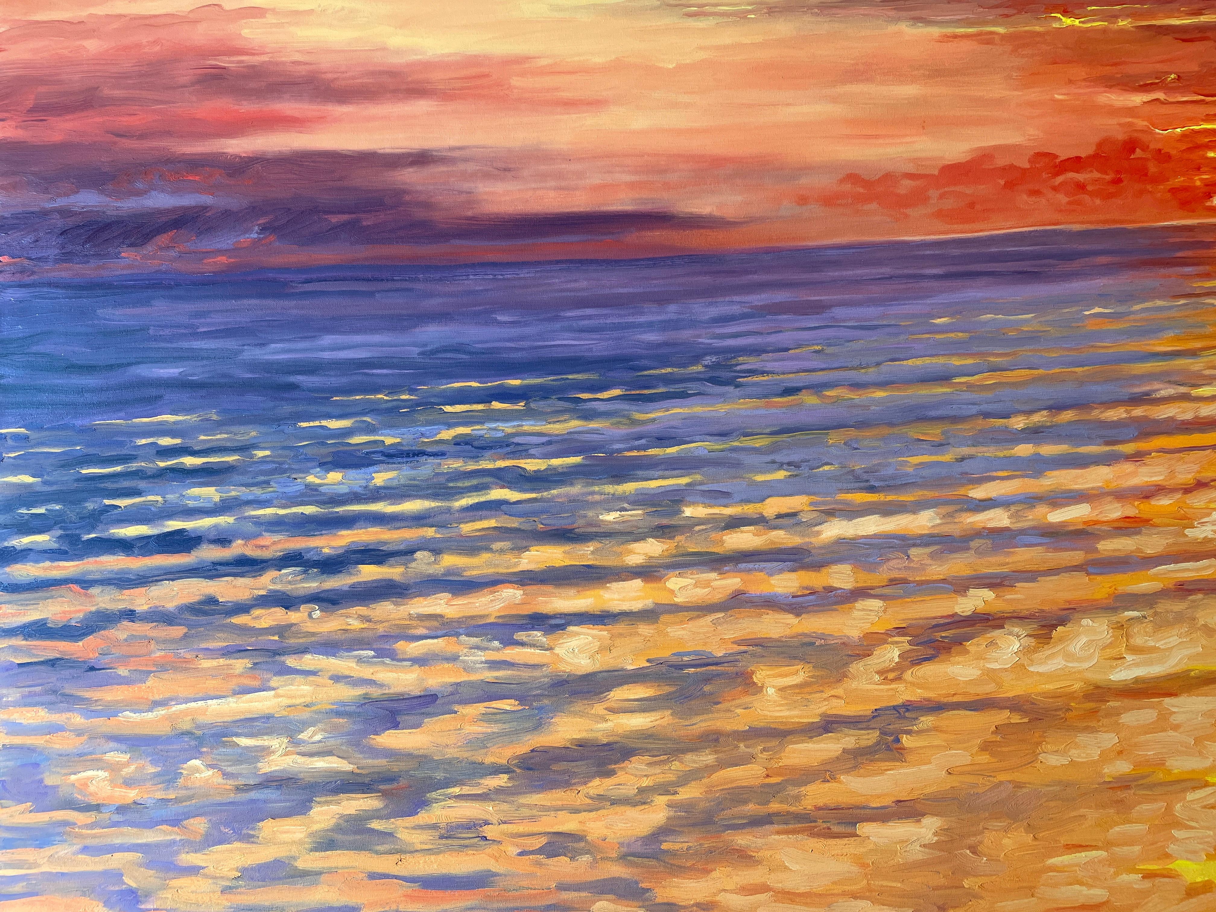 Dusk as the setting sun turns ocean and sky on fire. Title - Sunset  - American Realist Painting by Carl Scorza