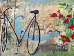 Bicycles, flowers, bridges, recur as motifs for the artist.  Title - Riverbank