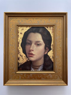 Character, presence, beauty in oils and gold leaf.  Title - Raven-Haired Girl