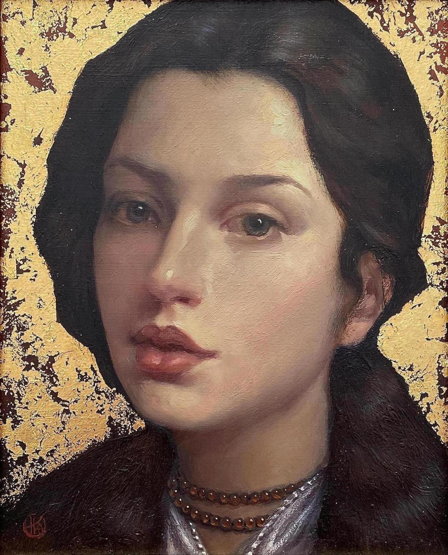 Ken Hamilton Portrait Painting - Character, presence, beauty in oils and gold leaf.  Title - Raven-Haired Girl