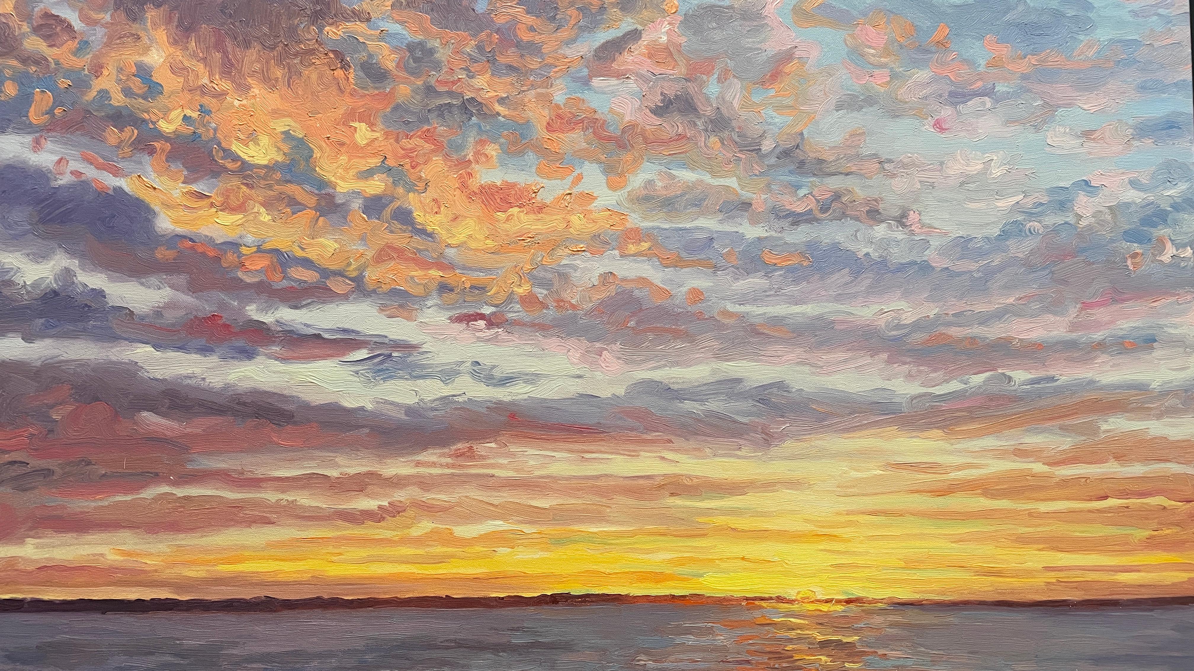 Carl Scorza Landscape Painting - Nature's Glory at End of Day. Title - Sunset over Gardiners Bay