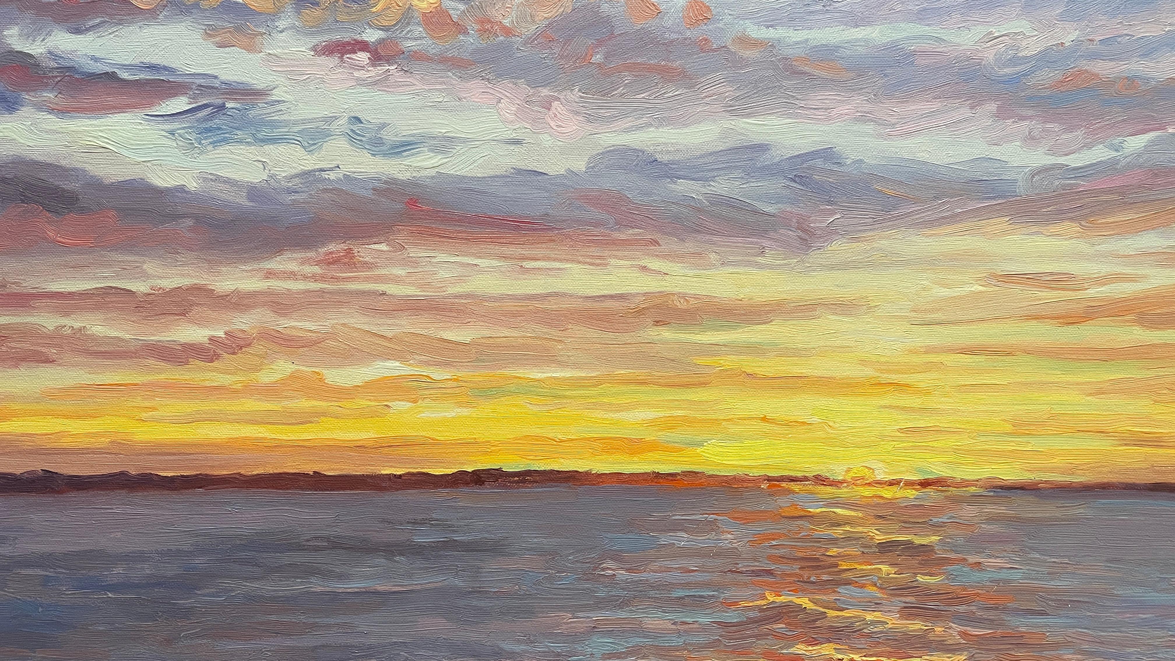 Nature's Glory at End of Day. Title - Sunset over Gardiners Bay - American Realist Painting by Carl Scorza