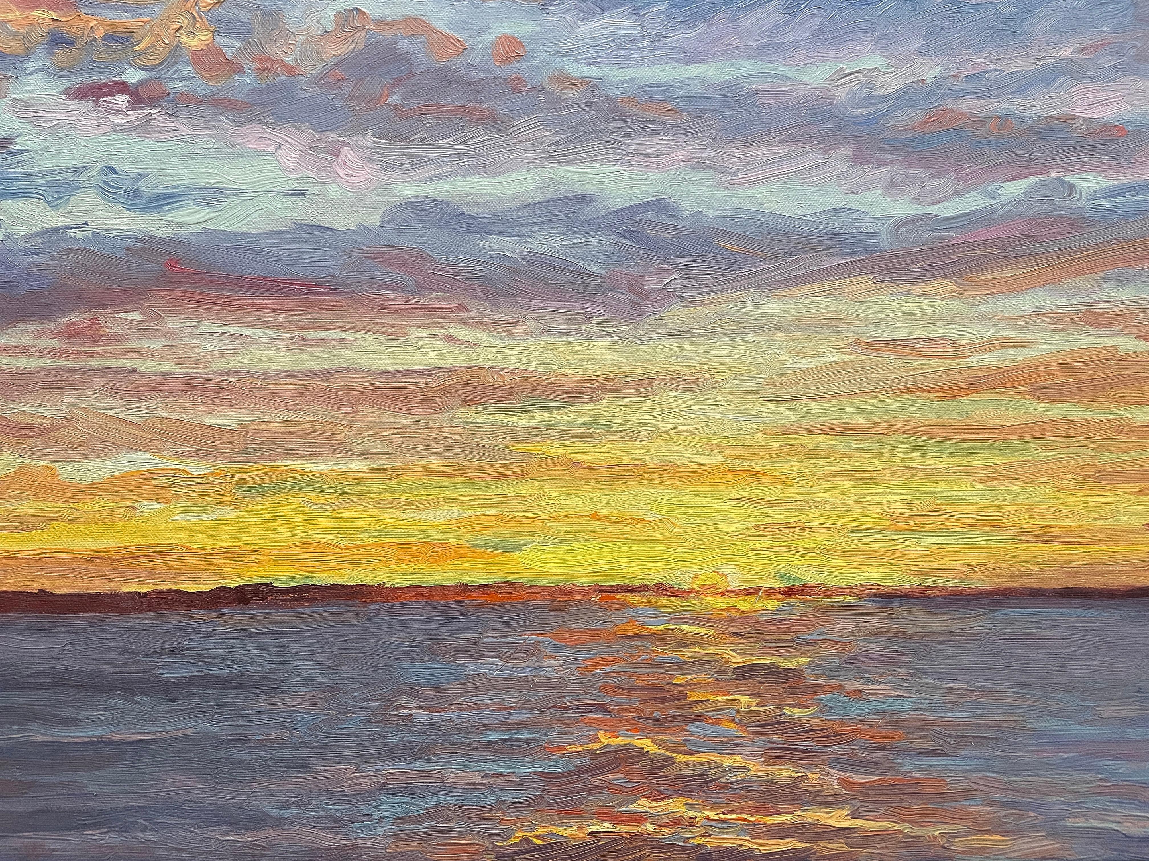 Nature's Glory at End of Day. Title - Sunset over Gardiners Bay - Brown Landscape Painting by Carl Scorza