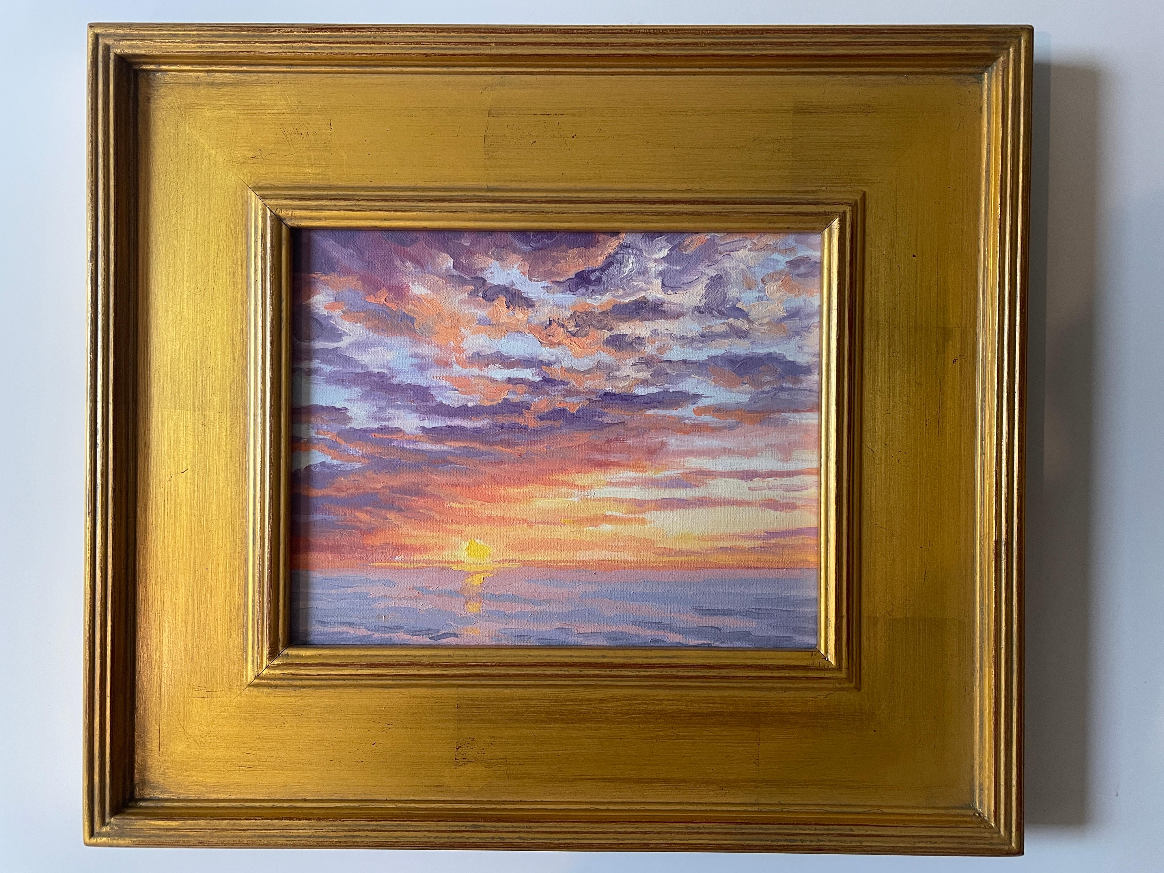 As the Sun Drops Below the Horizon. Title - Last Light of Day - Brown Landscape Painting by Carl Scorza