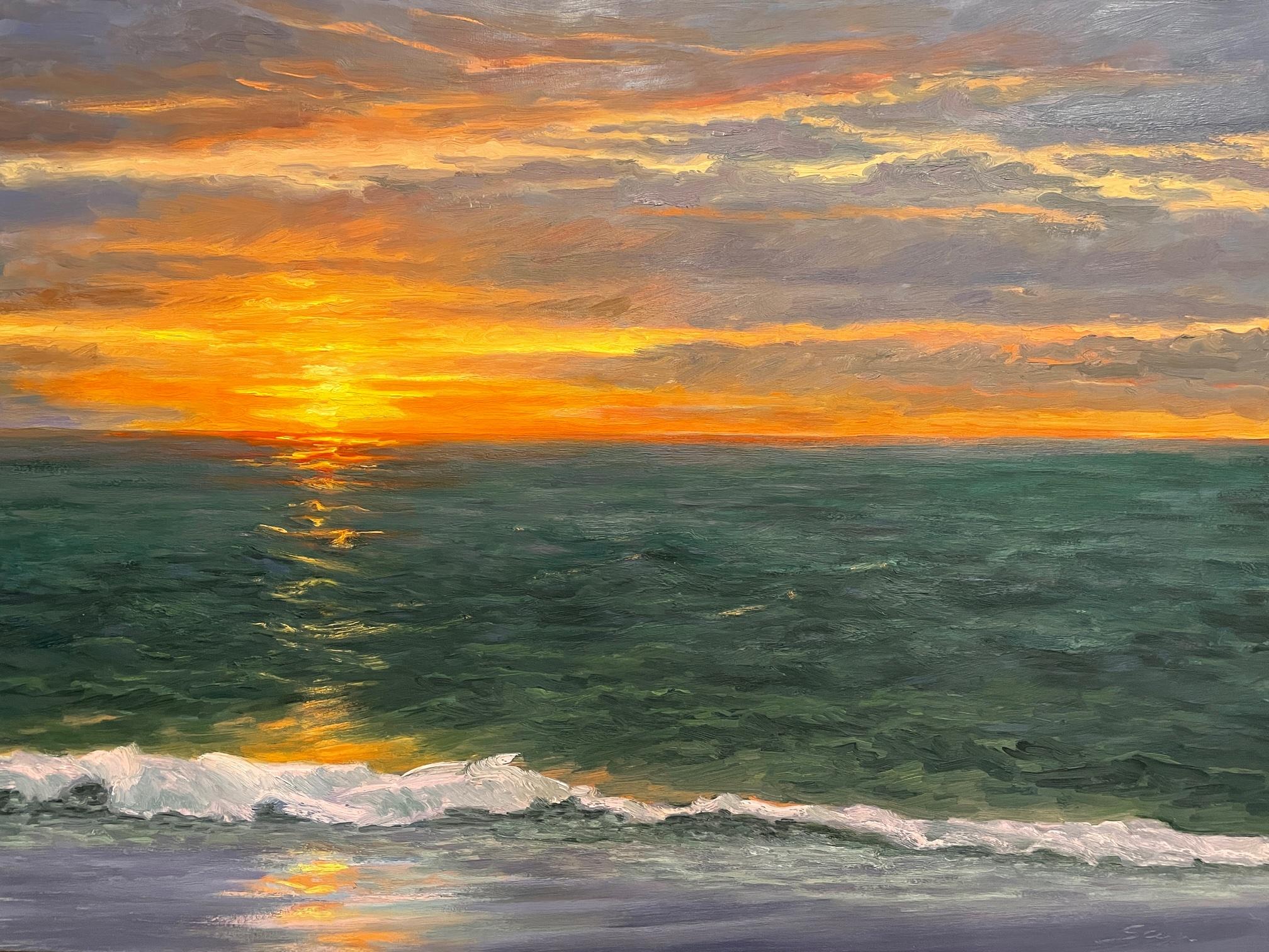 Carl Scorza Landscape Painting - Seascape with sunlight through clouds on the horizon. Title - Twilight