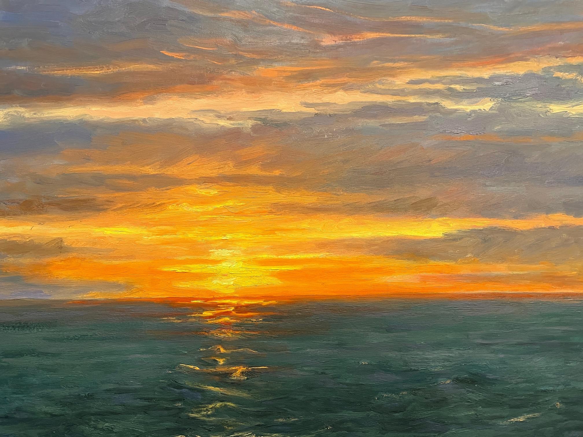 Seascape with sunlight through clouds on the horizon. Title - Twilight - Painting by Carl Scorza