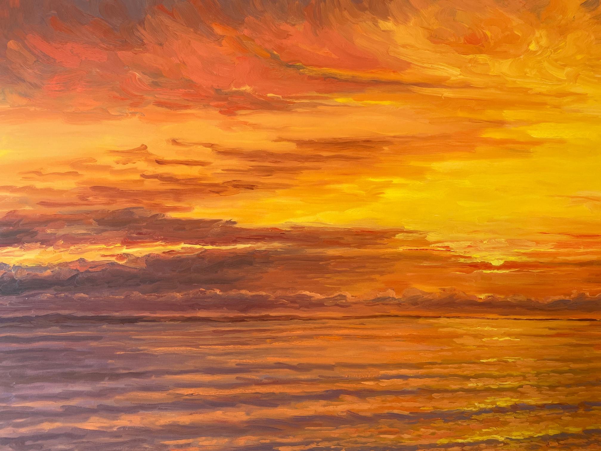 Summer sunset on Long Island's East End. Title - Flaming Sunset - Painting by Carl Scorza