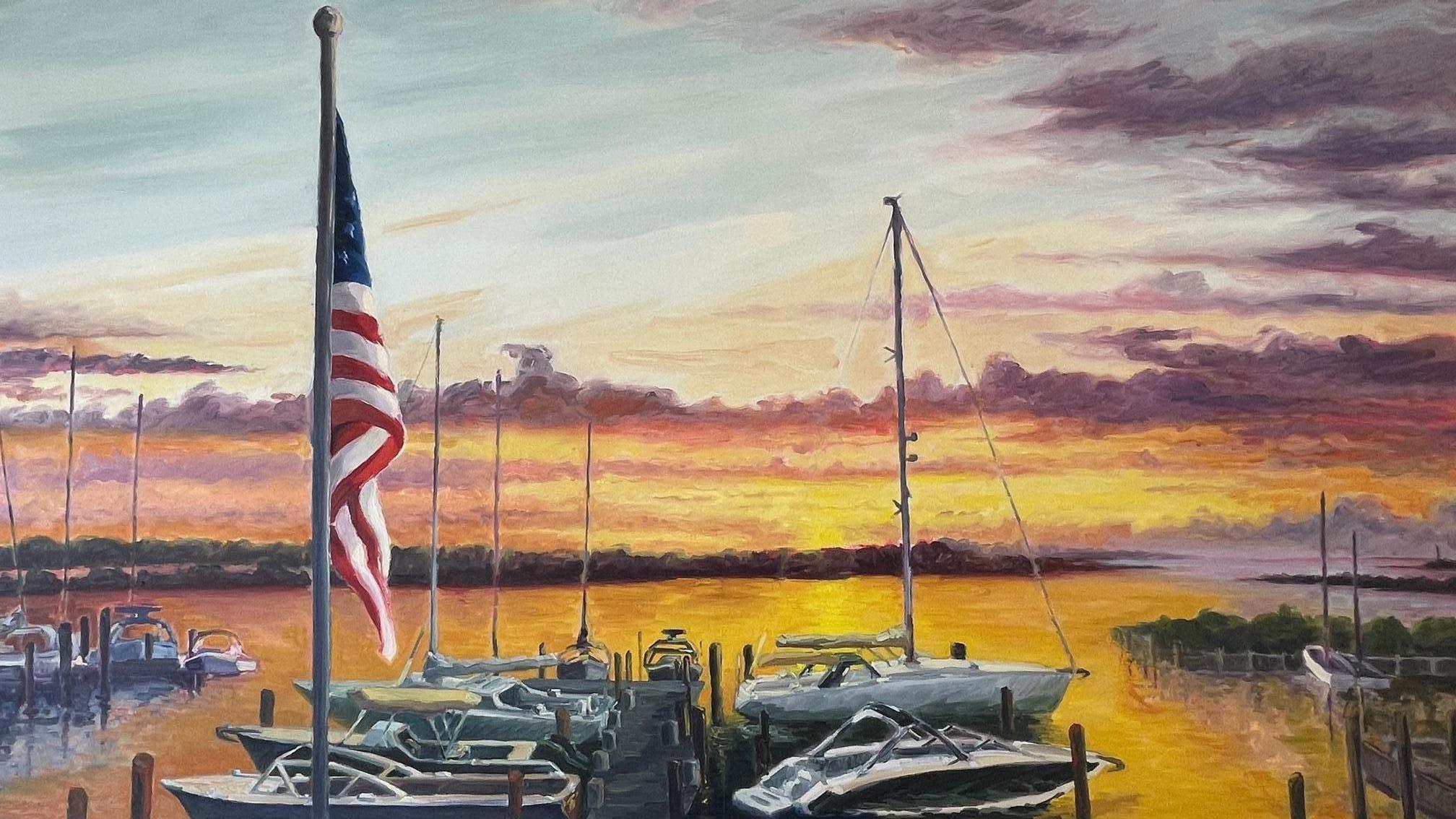 Carl Scorza Landscape Painting - Harborside yachts in Bostwick Harbor. Title - Bostwick's on the Harbor