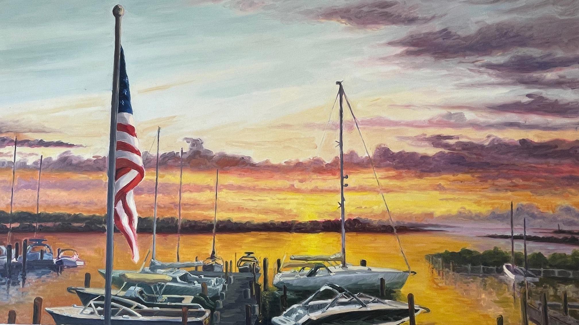 Harborside yachts in Bostwick Harbor. Title - Bostwick's on the Harbor - Painting by Carl Scorza
