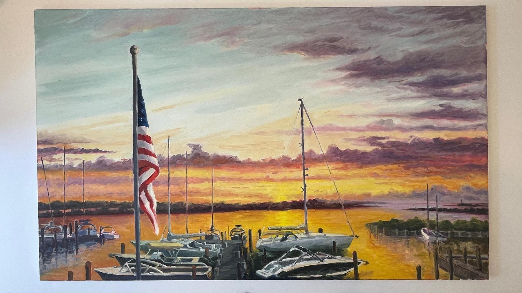 Harborside yachts in Bostwick Harbor. Title - Bostwick's on the Harbor - American Realist Painting by Carl Scorza