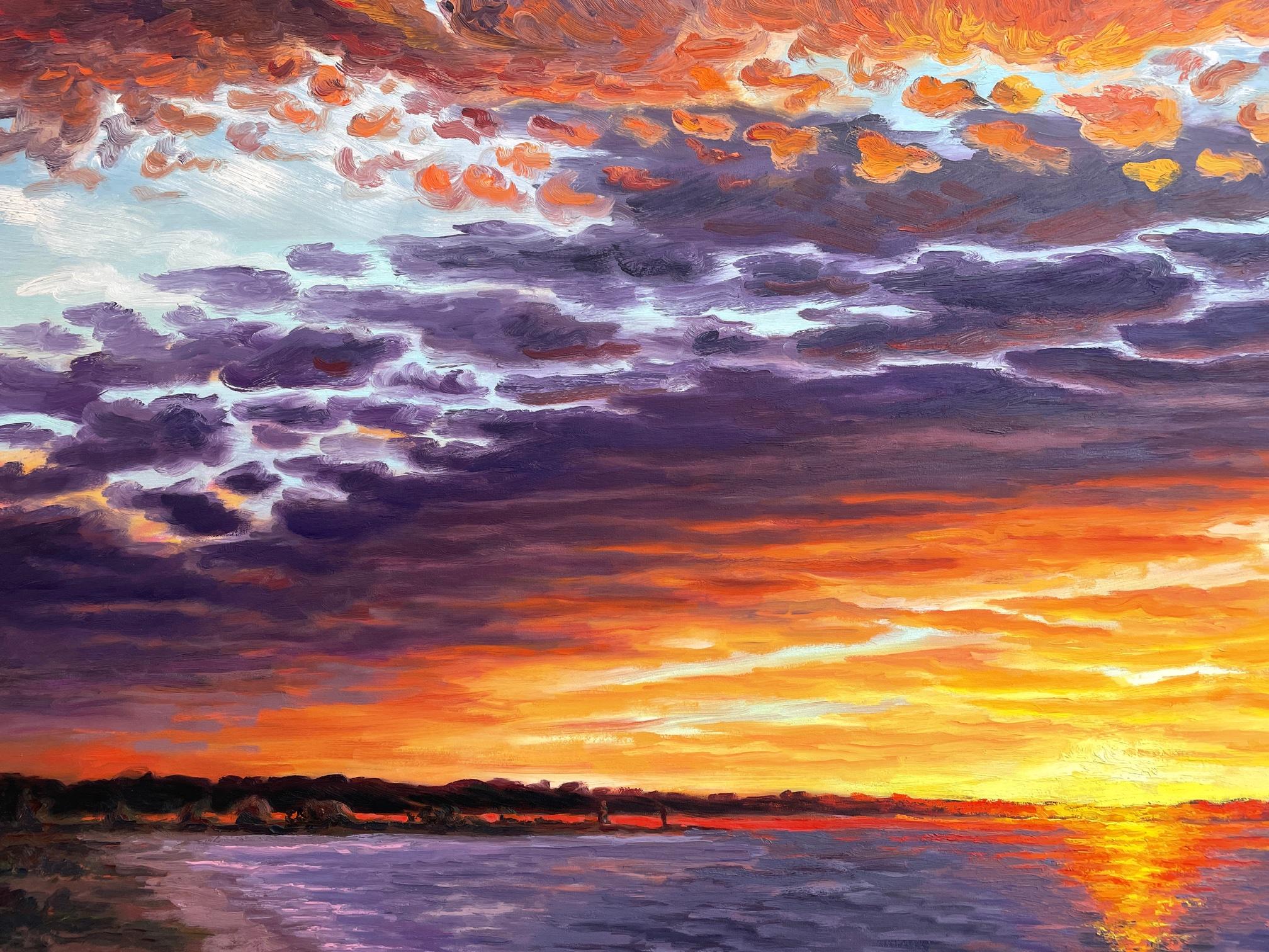 Turbulent cloud formation over the bay at sunset. Title - Turbulent Sunset - Painting by Carl Scorza