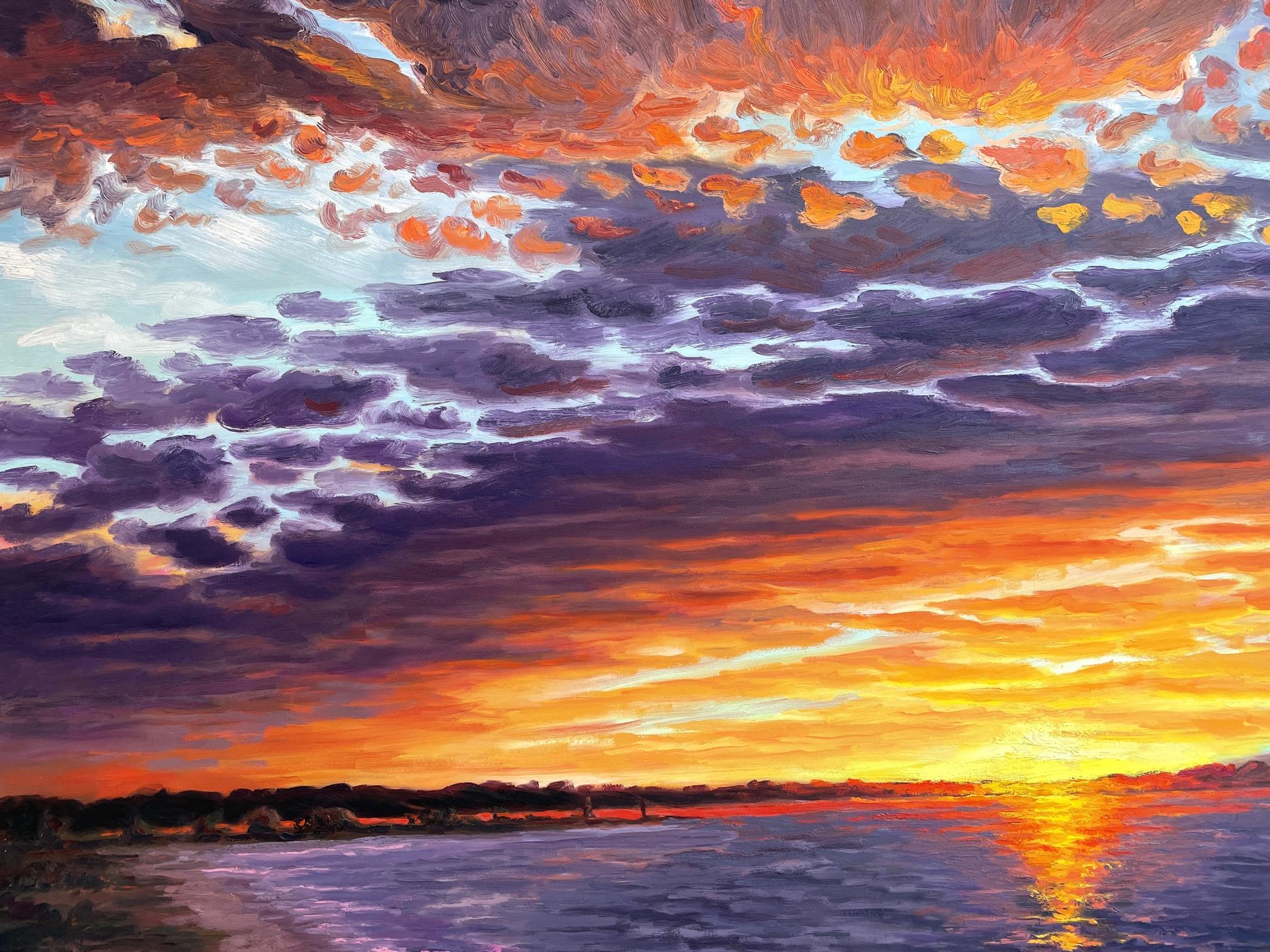 Carl Scorza Landscape Painting - Turbulent cloud formation over the bay at sunset. Title - Turbulent Sunset